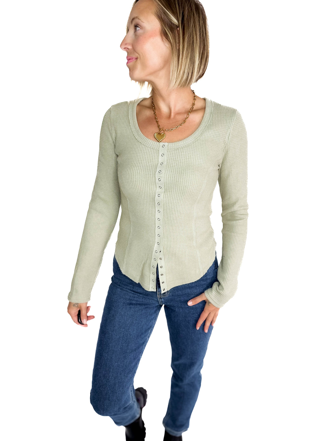 Noa Waffle Henley- OLIVE