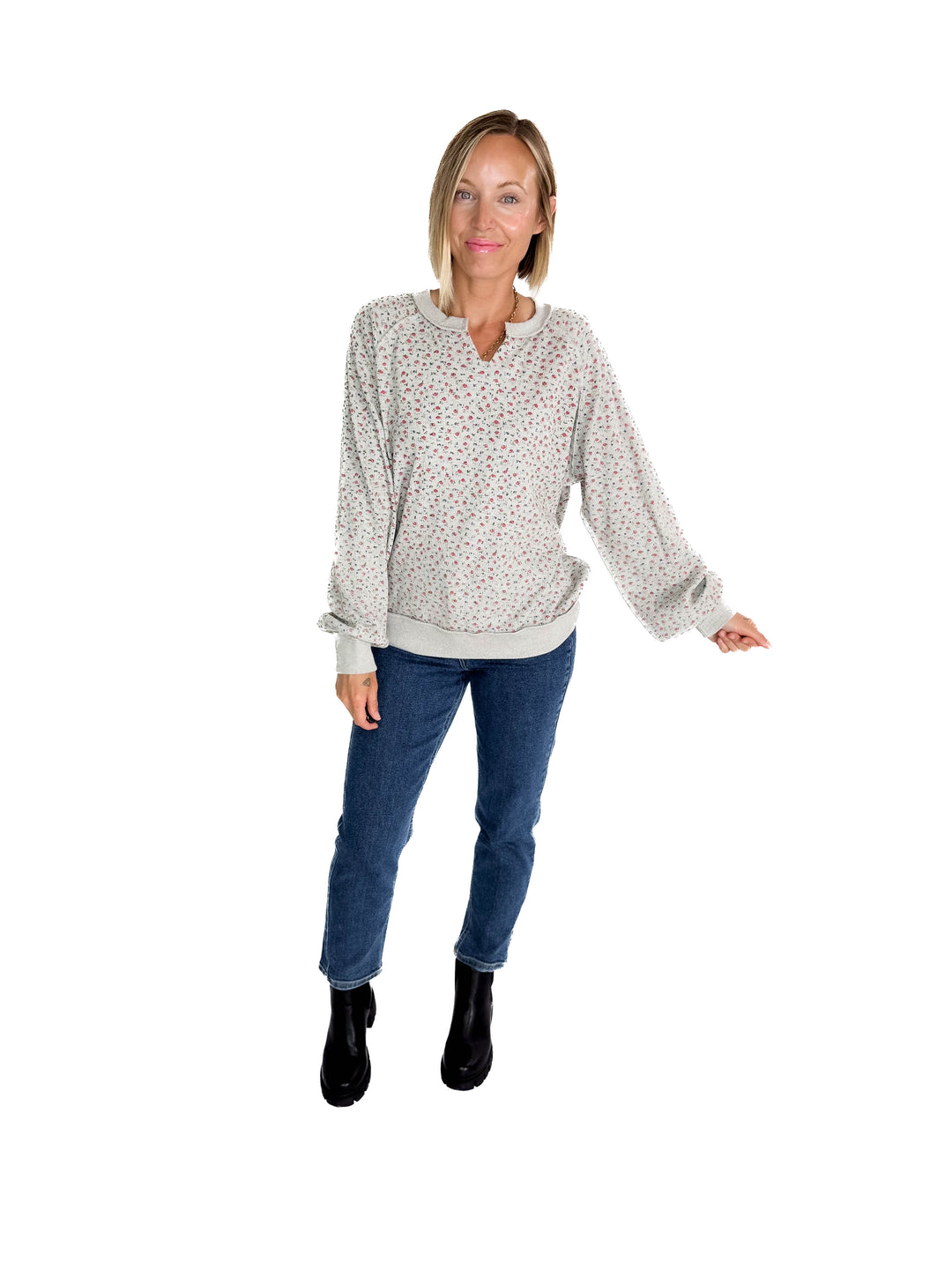 Chiara Ditsy Floral Pullover- HTHR GREY