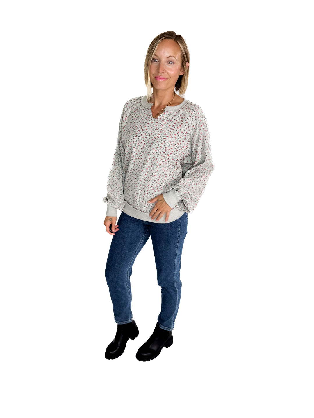 Chiara Ditsy Floral Pullover- HTHR GREY