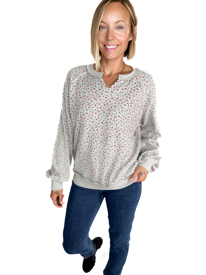 Chiara Ditsy Floral Pullover- HTHR GREY