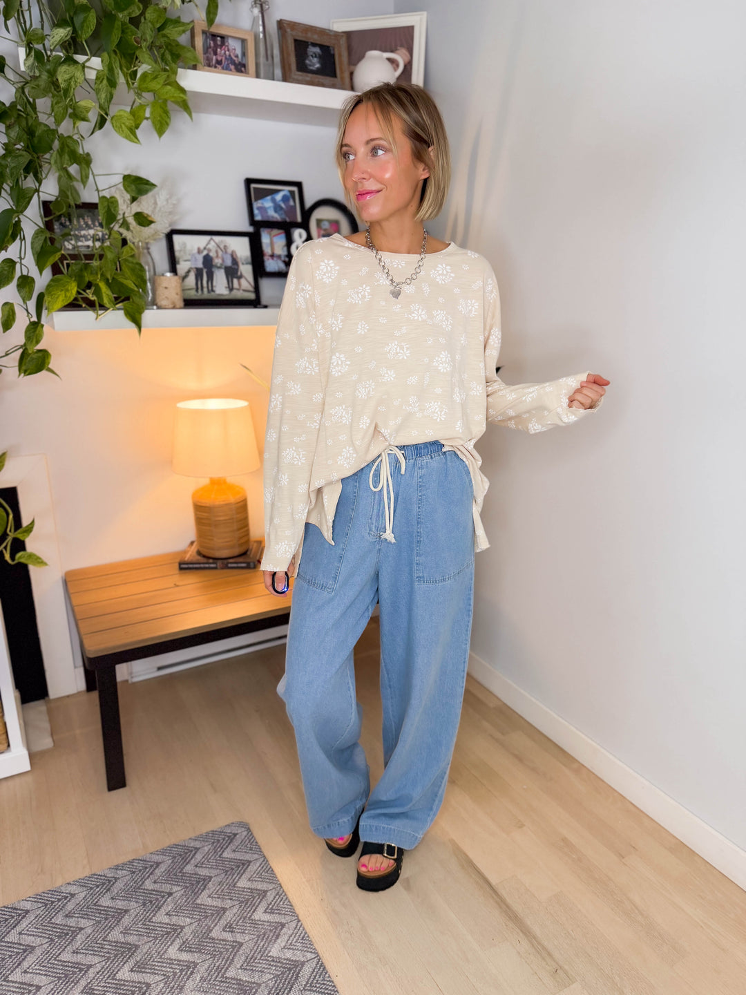 Amara Cotton Floral Tunic Long Sleeve- NATURAL-FINAL SALE *S*