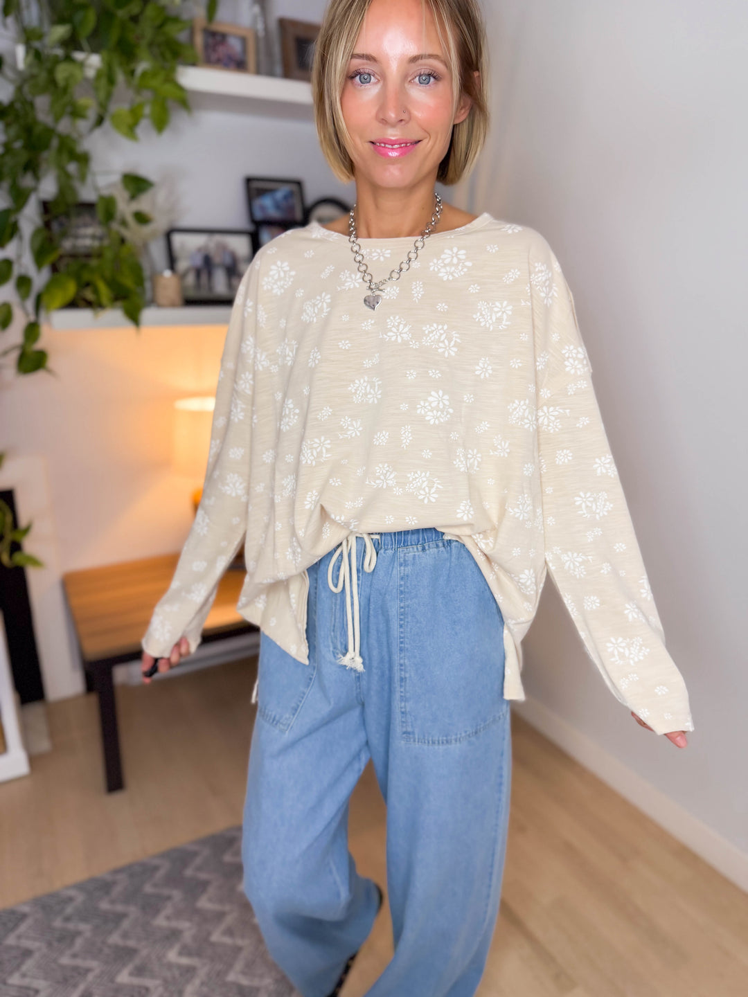 Amara Cotton Floral Tunic Long Sleeve- NATURAL-FINAL SALE *S*