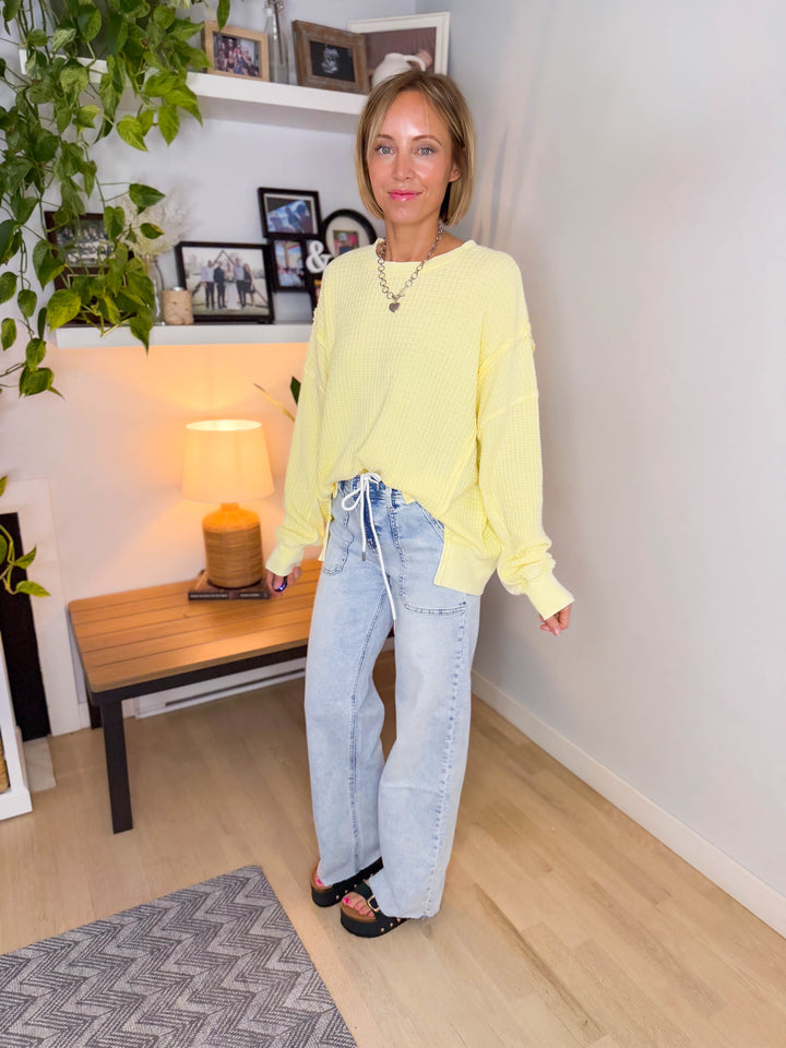 Lenay Mineral Washed Thermal Pullover- BRIGHT YELLOW