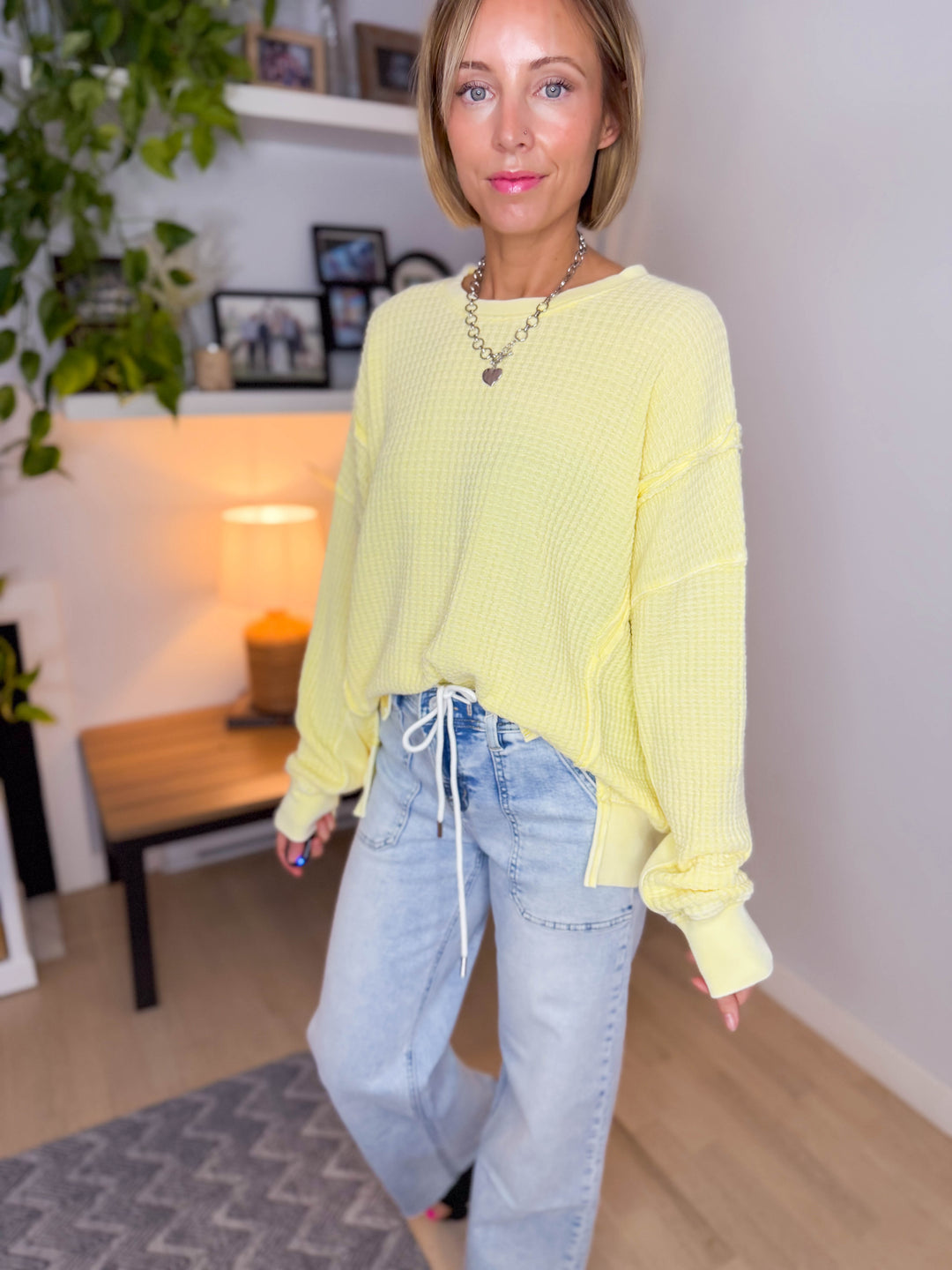Lenay Mineral Washed Thermal Pullover- BRIGHT YELLOW