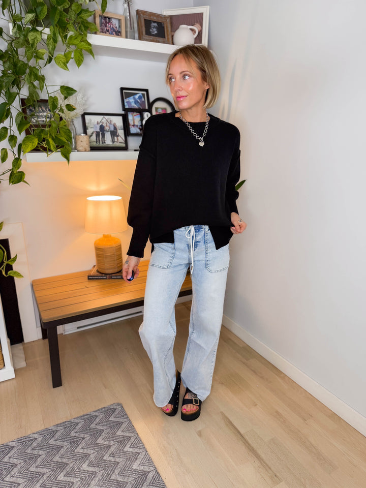 Katie Classic Crewneck Knit Sweater- BLACK