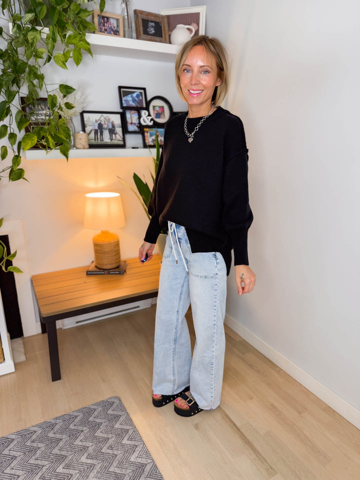 Katie Classic Crewneck Knit Sweater- BLACK