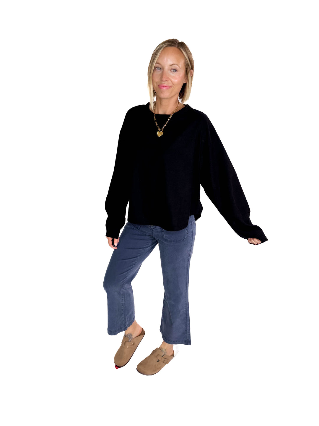 Alessia Waffle Long Sleeve- BLACK