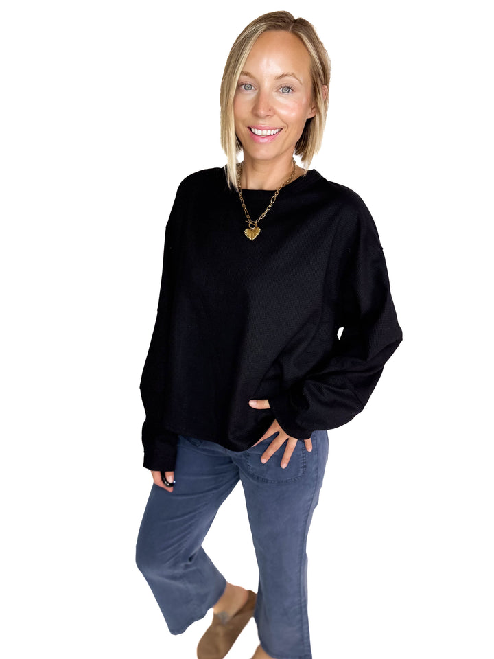 Alessia Waffle Long Sleeve- BLACK