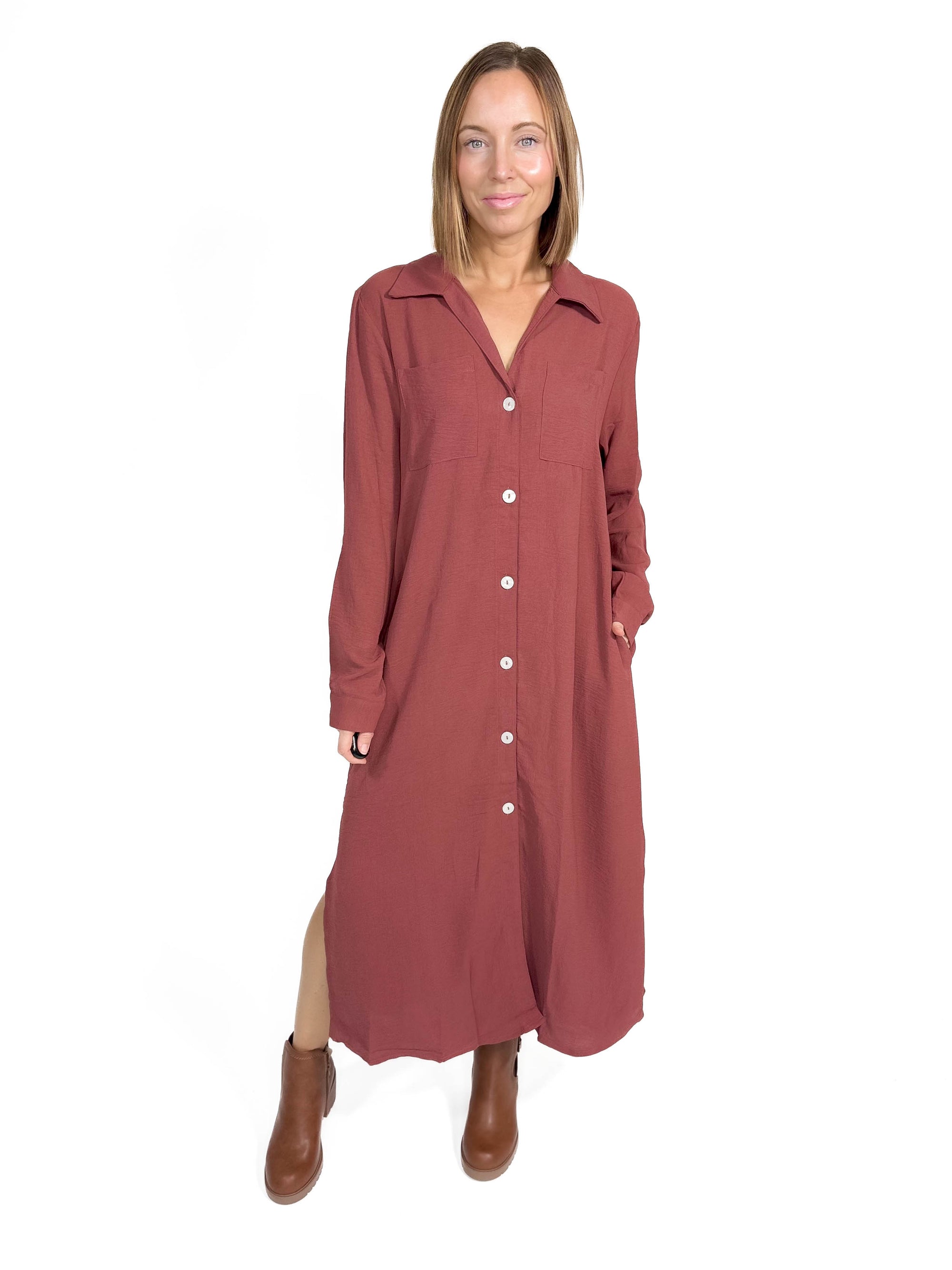 Manhattan Button Down Maxi- RED BEAN