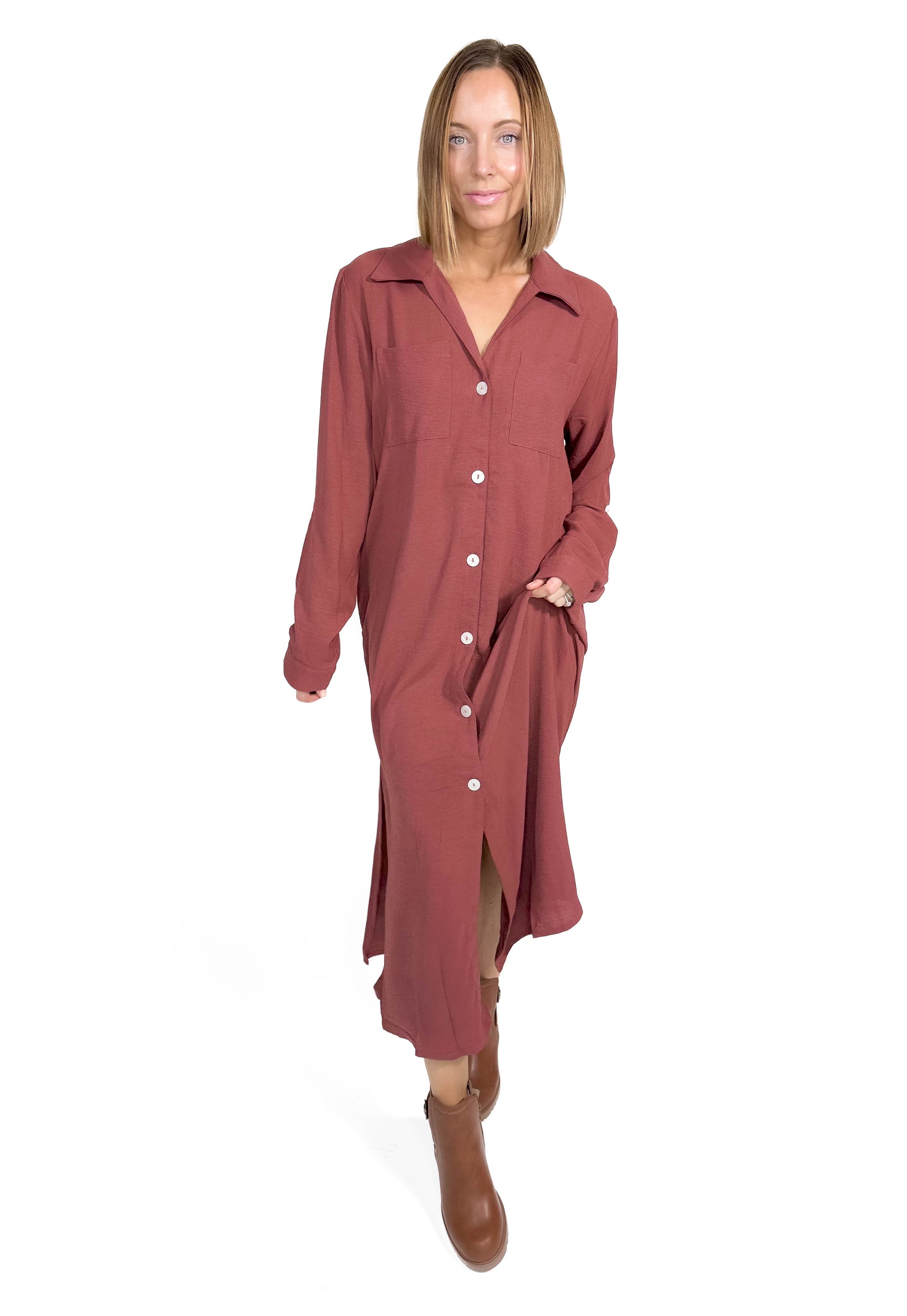 Manhattan Button Down Maxi- RED BEAN