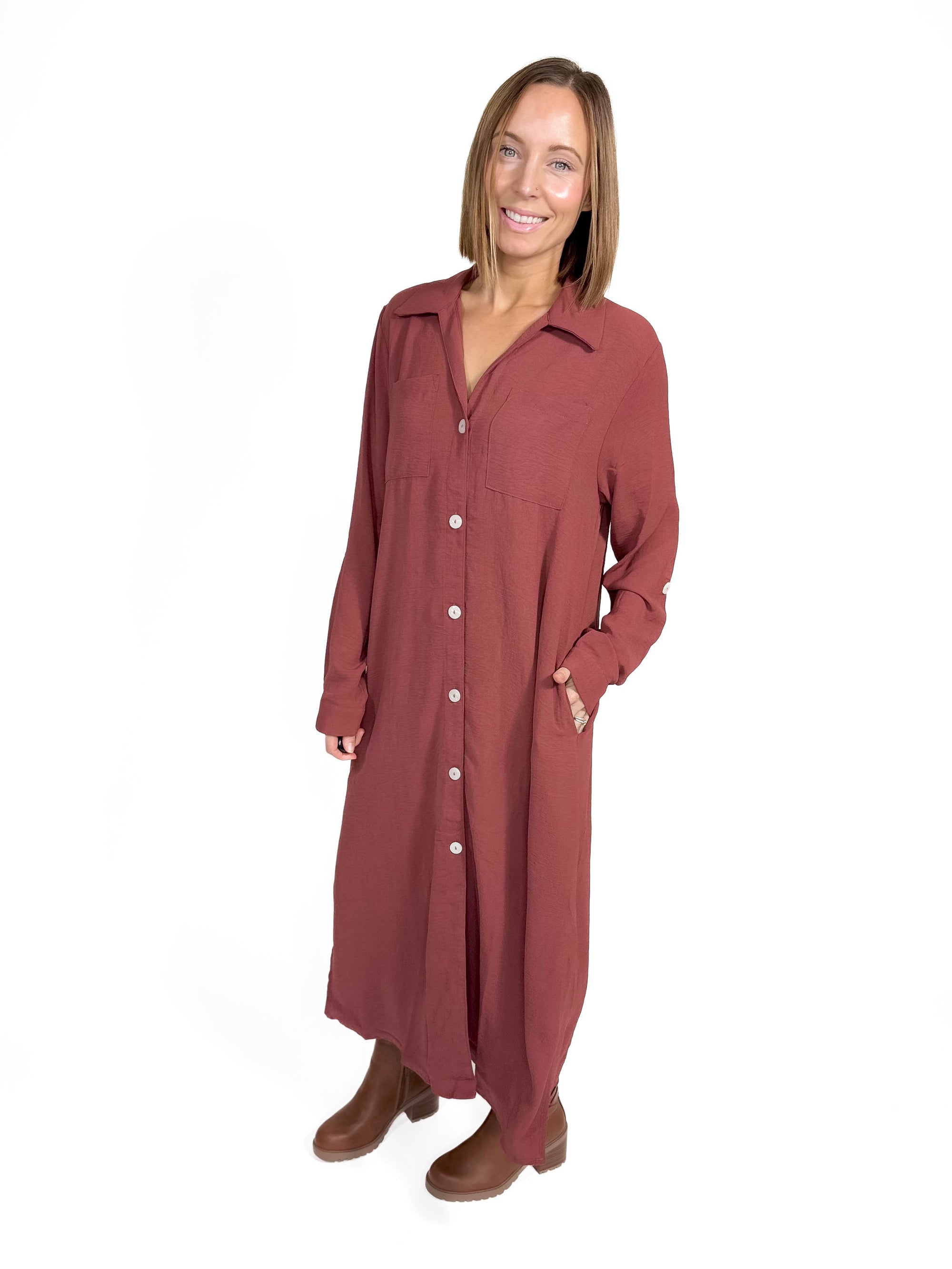 Manhattan Button Down Maxi- RED BEAN