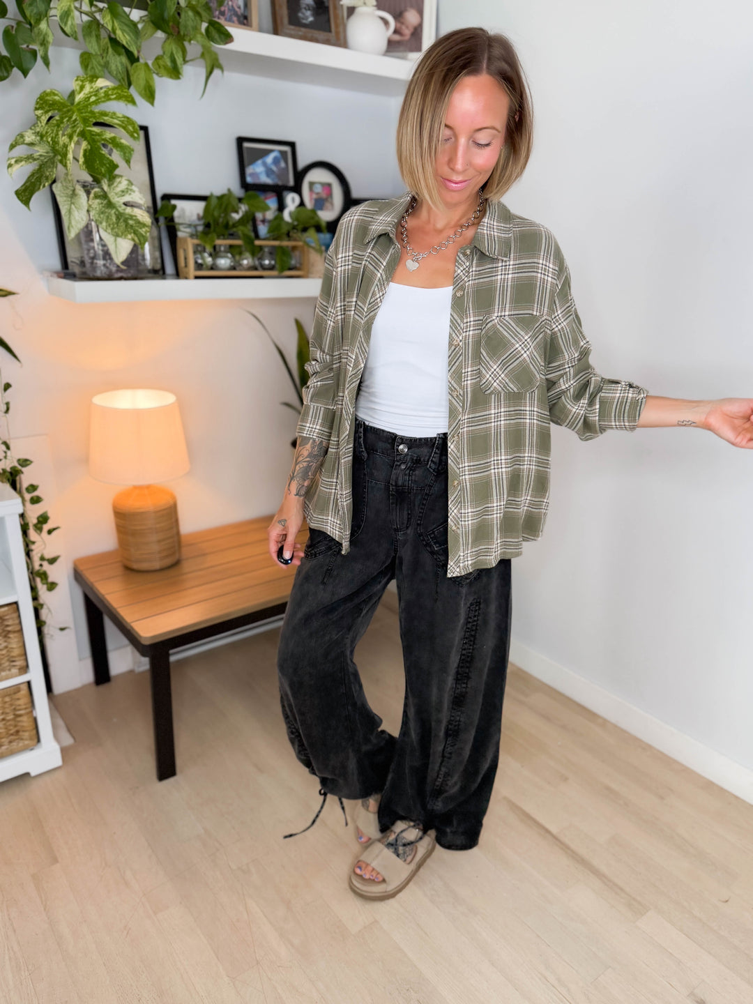 Edith Plaid Flannel Shirt- OLIVE