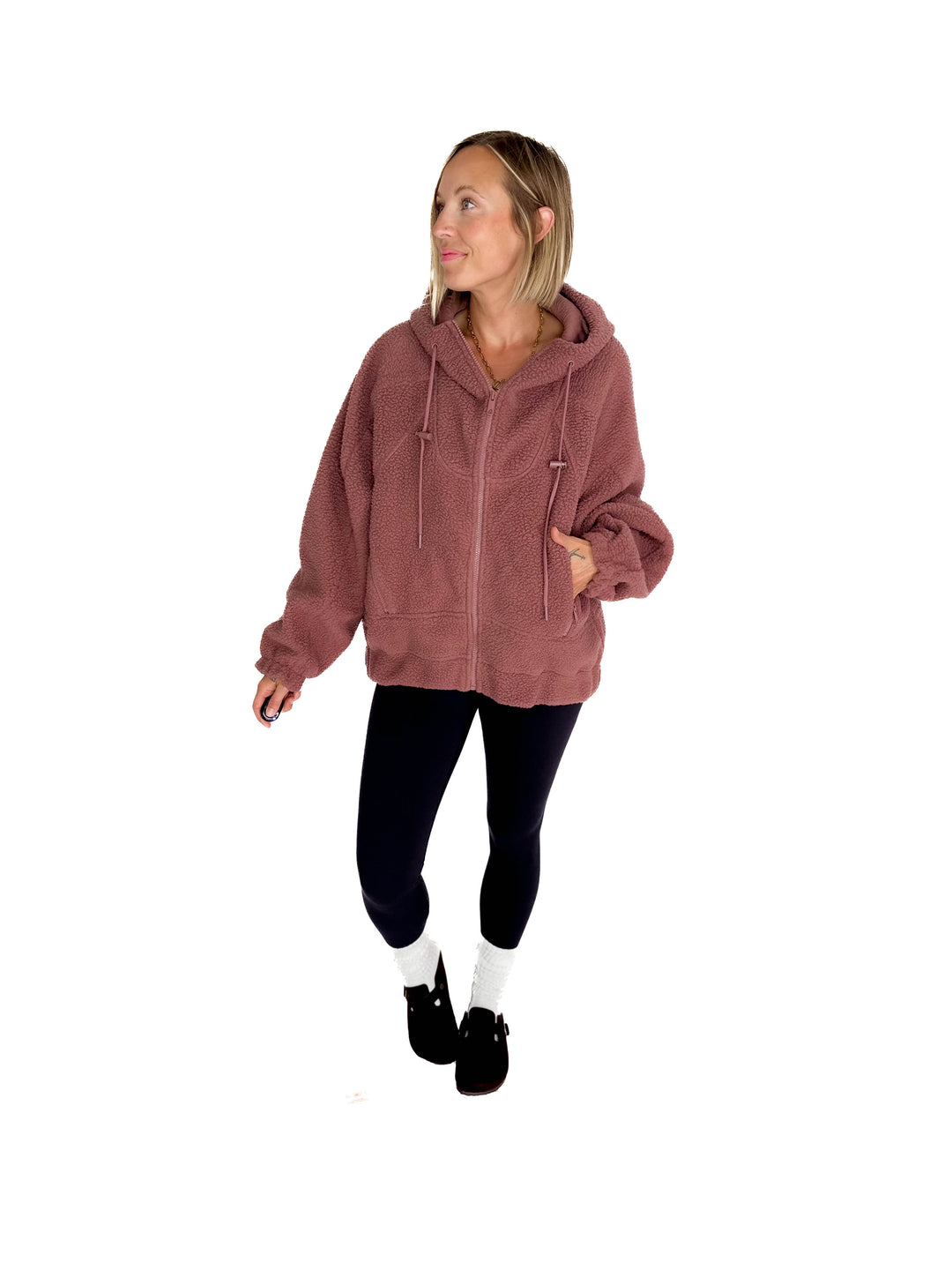 MONO B Oversized Alpine Fleece Zip Up Hoodie- ROSE TAUPE-FINAL SALE