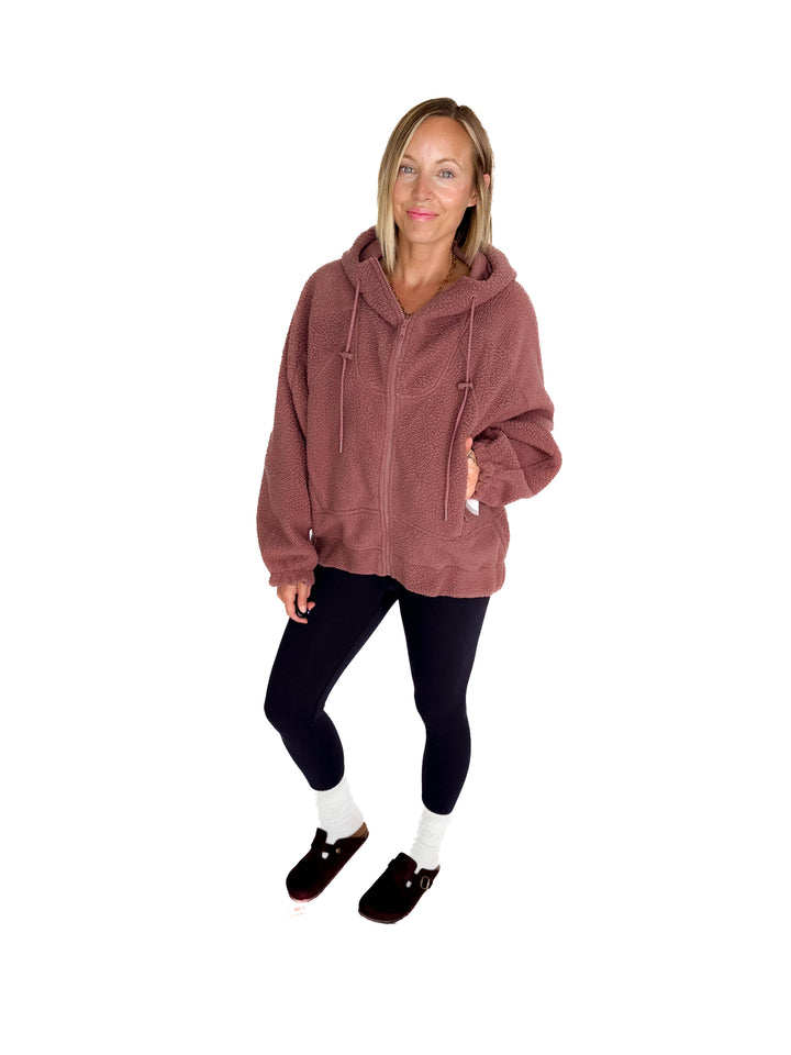 MONO B Oversized Alpine Fleece Zip Up Hoodie- ROSE TAUPE-FINAL SALE