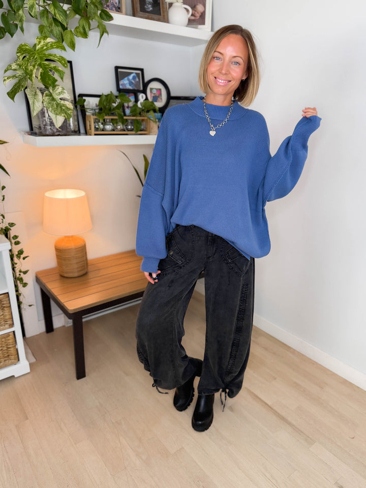 Frosted Pines Oversized Side Slit Sweater- DUSTY BLUE