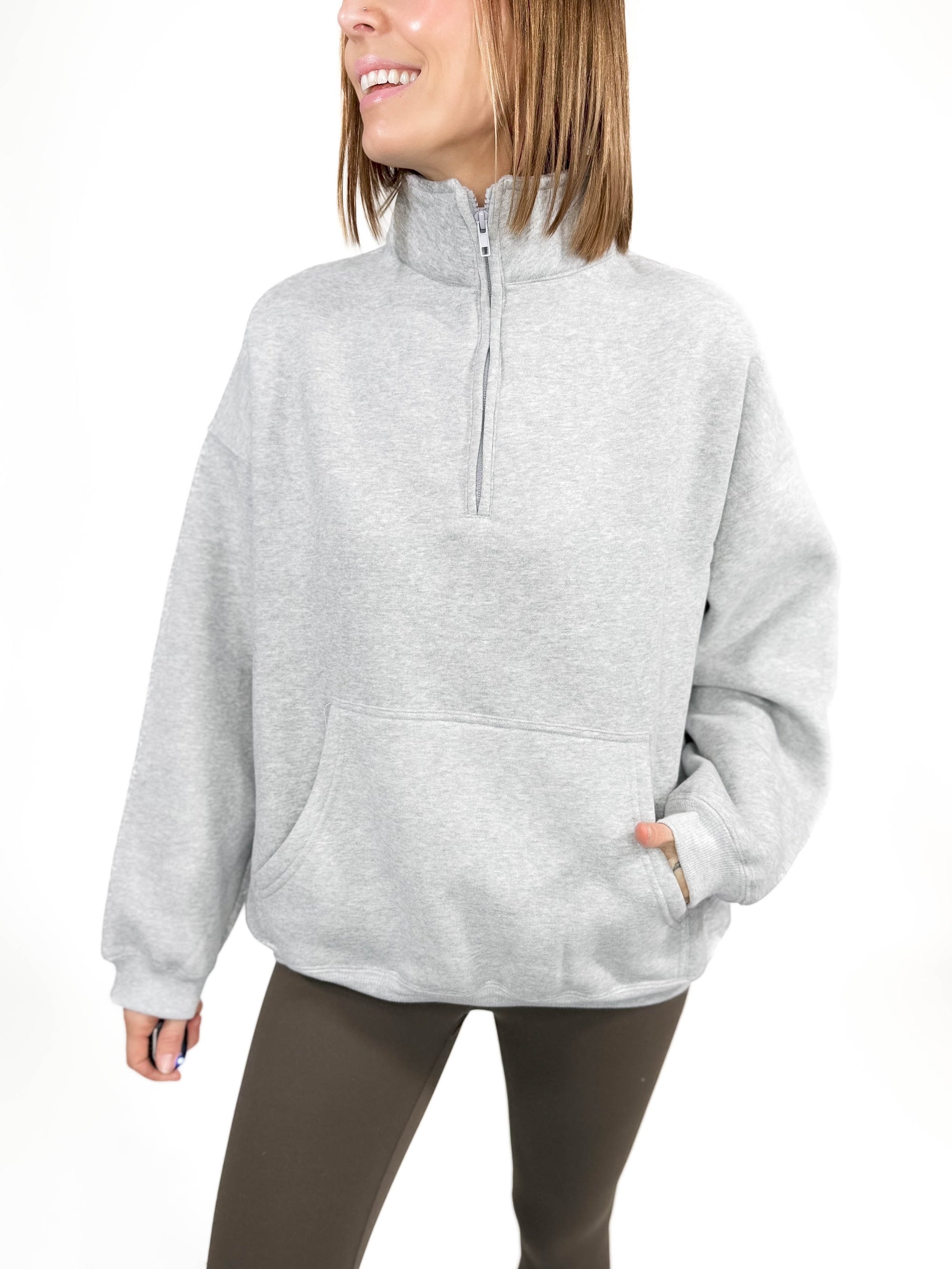 Millie Fleece Oversized Pullover Half Zip- HTHR GREY