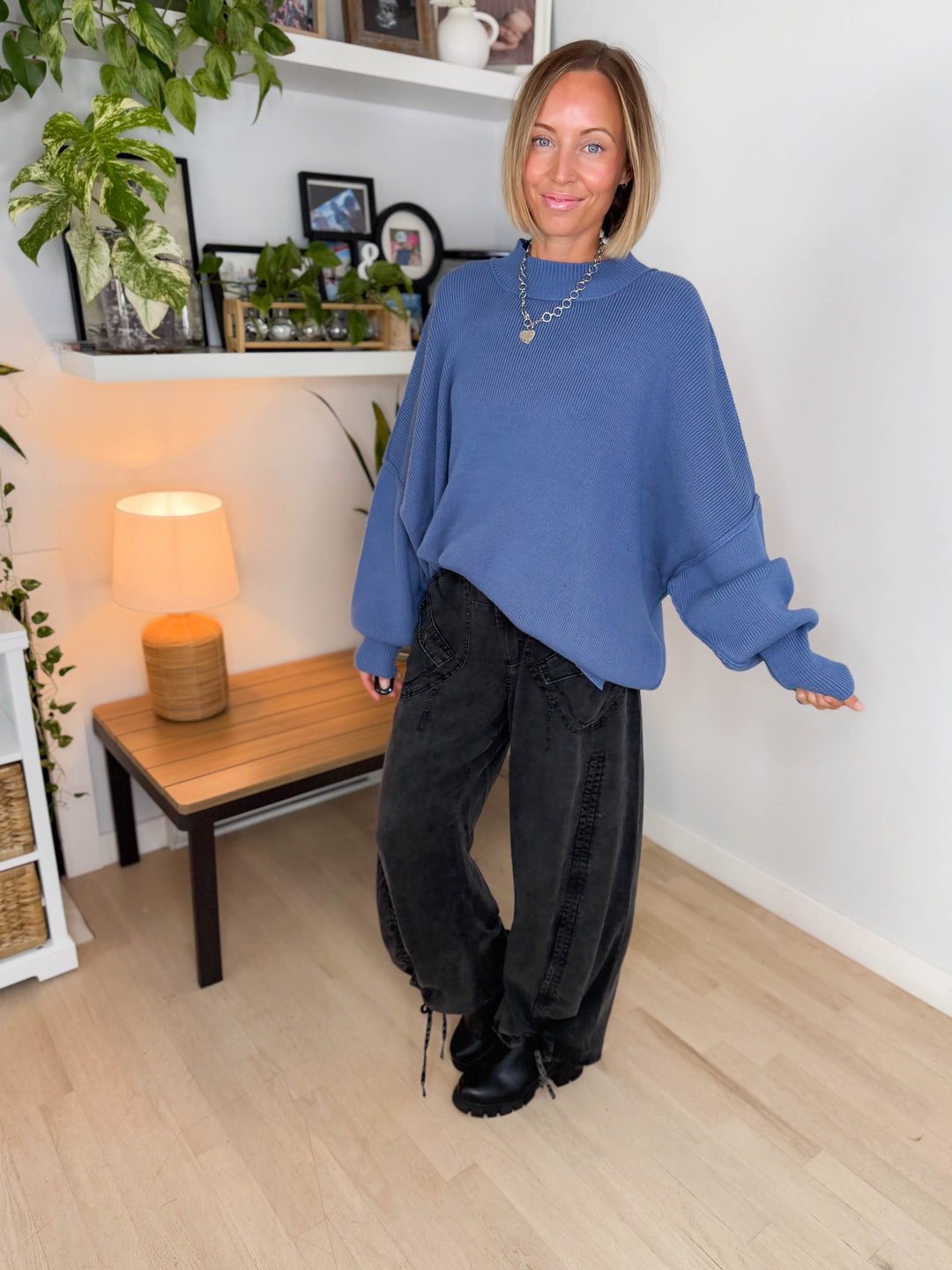 Frosted Pines Oversized Side Slit Sweater- DUSTY BLUE