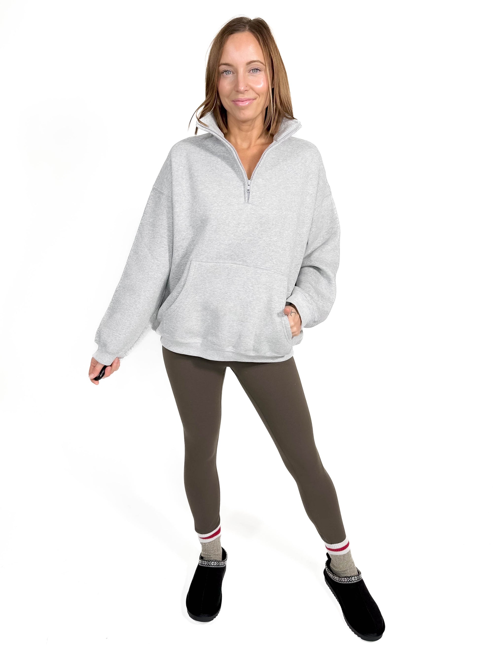 Millie Fleece Oversized Pullover Half Zip- HTHR GREY