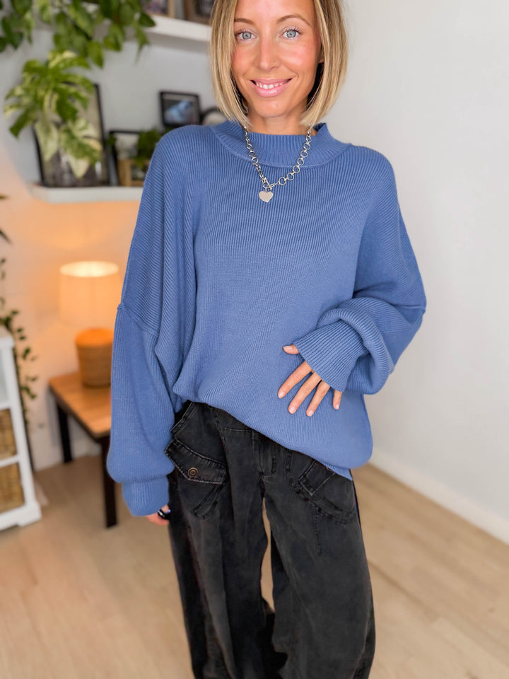 Frosted Pines Oversized Side Slit Sweater- DUSTY BLUE