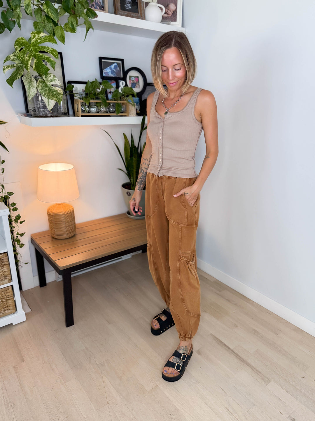 Halena Mineral Washed Terry Knit Sweatpants- WOODEN