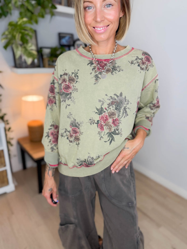 Nutmeg Floral Pullover- GREEN OLIVE