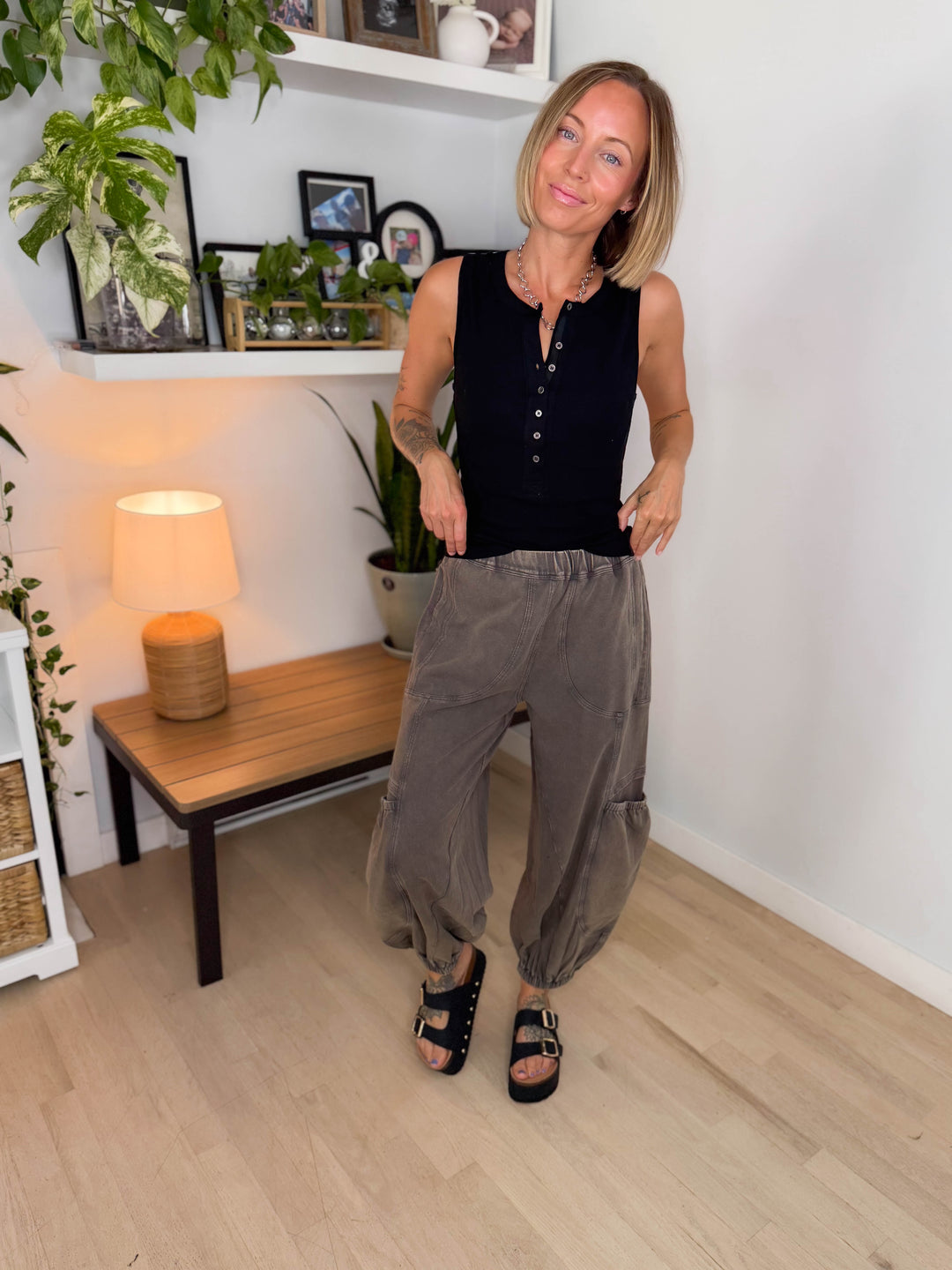 Halena Mineral Washed Terry Cargo Pants- ASH