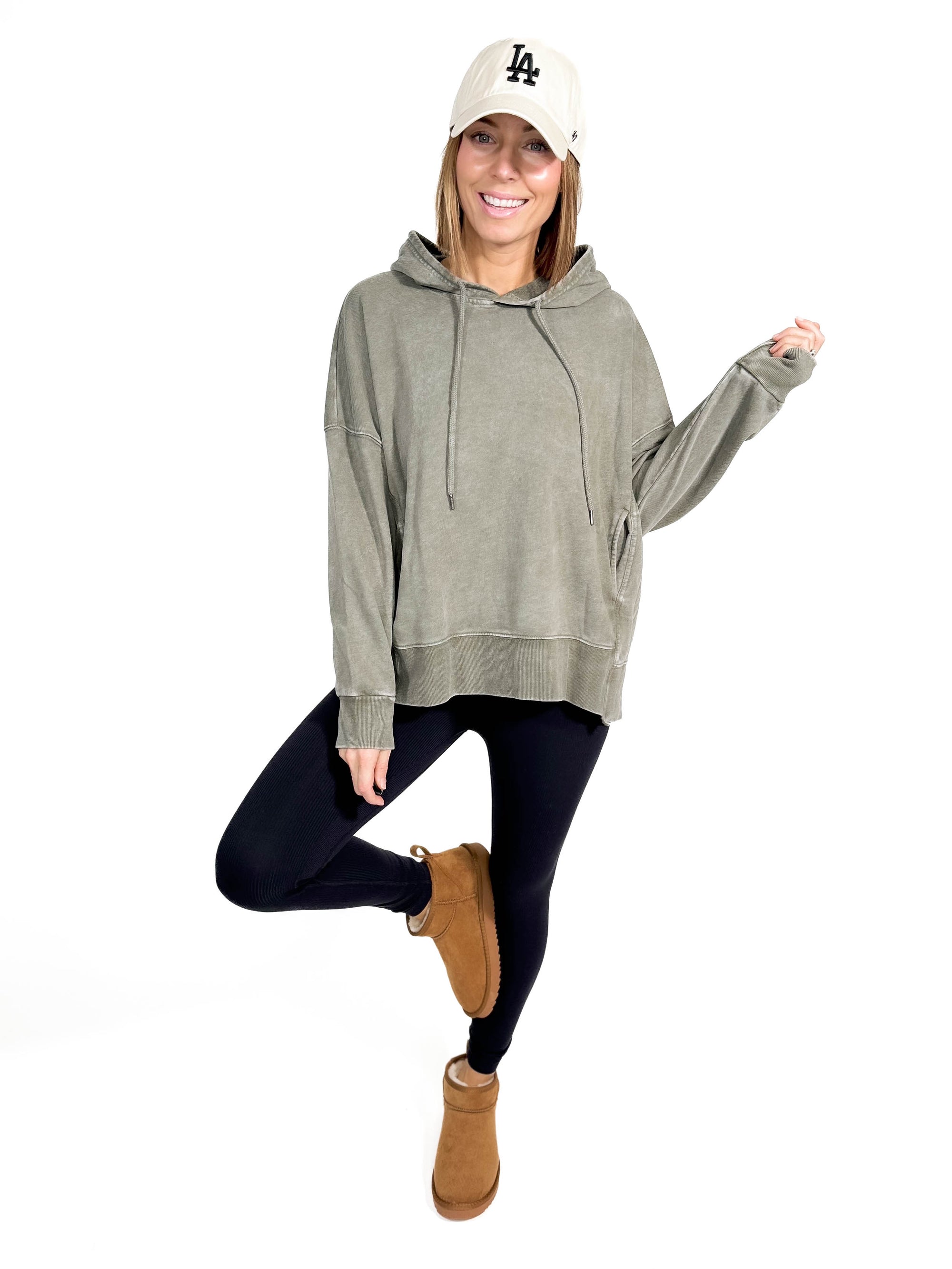 Thora Mineral Wash Oversized Pullover Hoodie- OLIVE