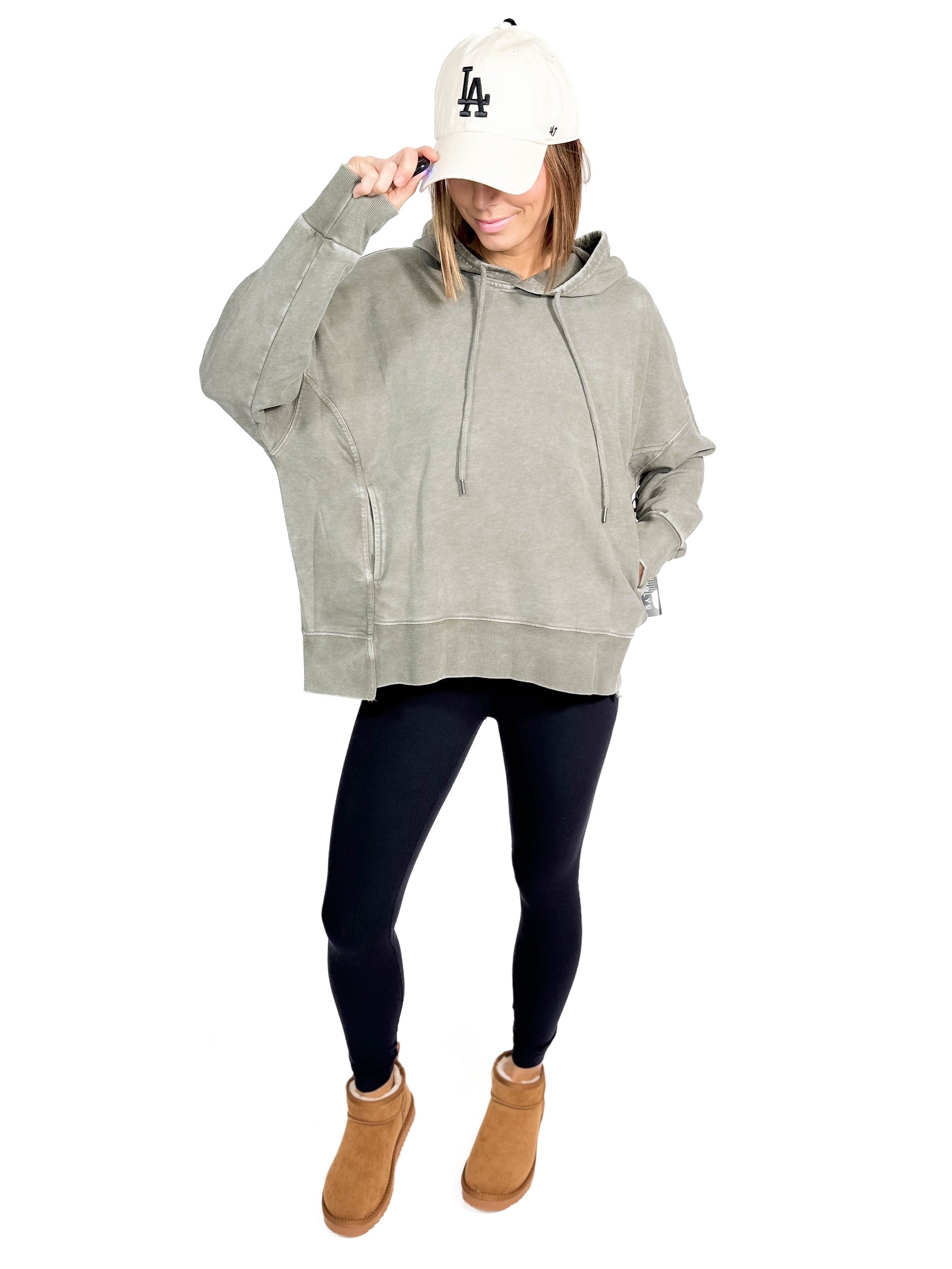 Thora Mineral Wash Oversized Pullover Hoodie- OLIVE