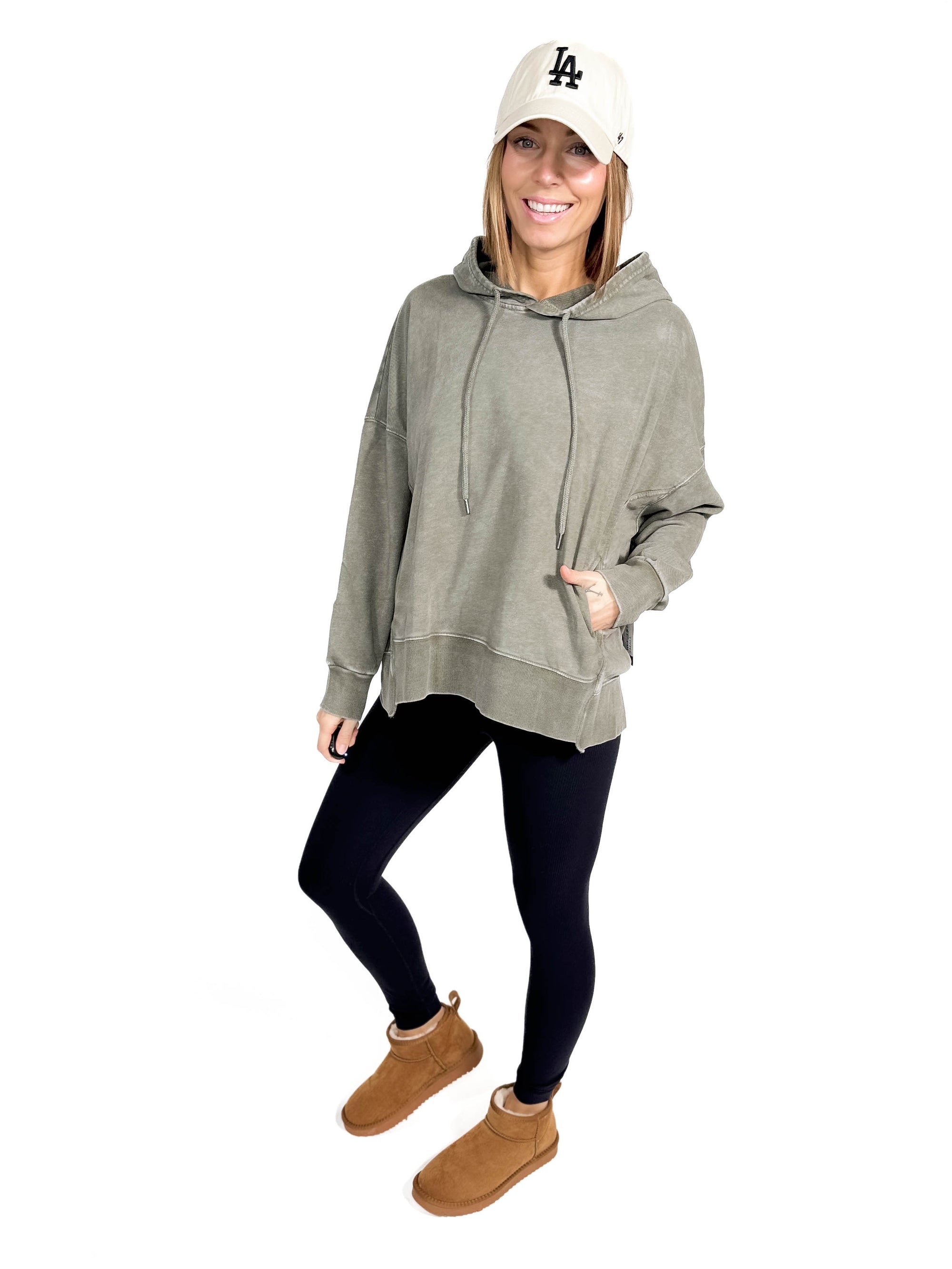 Thora Mineral Wash Oversized Pullover Hoodie- OLIVE