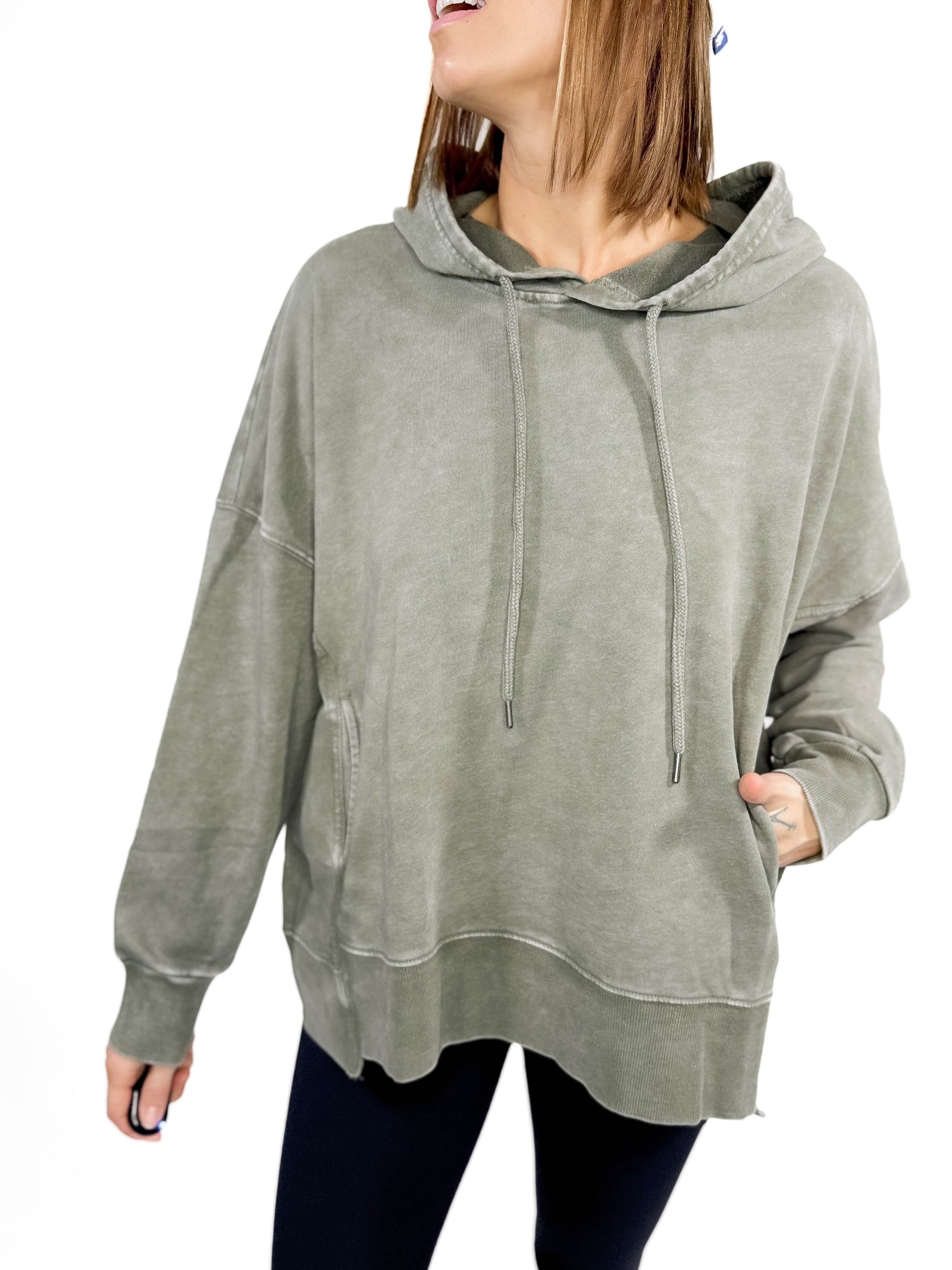 Thora Mineral Wash Oversized Pullover Hoodie- OLIVE