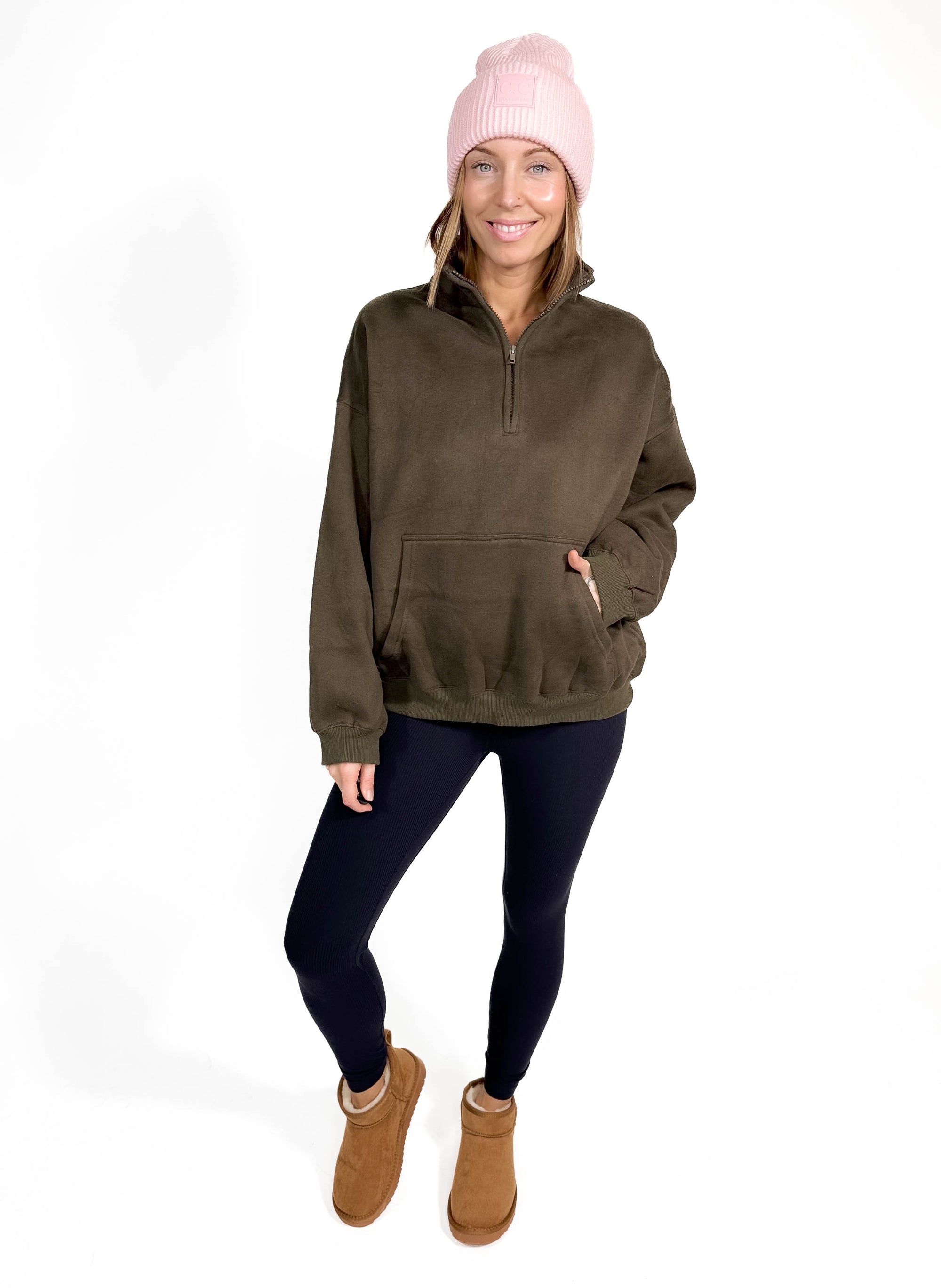 Millie Fleece Oversized Pullover Half Zip- OLIVE