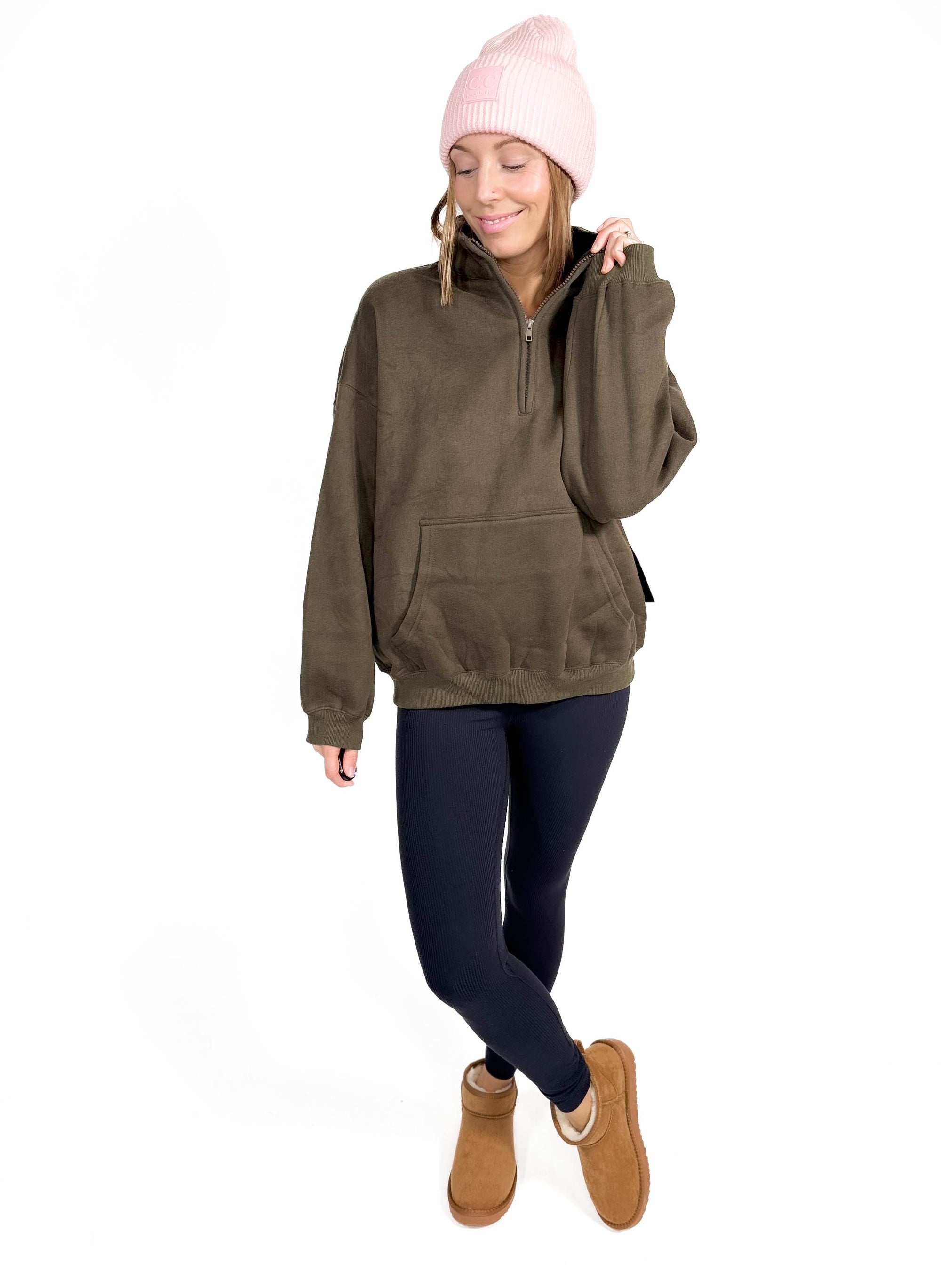 Millie Fleece Oversized Pullover Half Zip- OLIVE