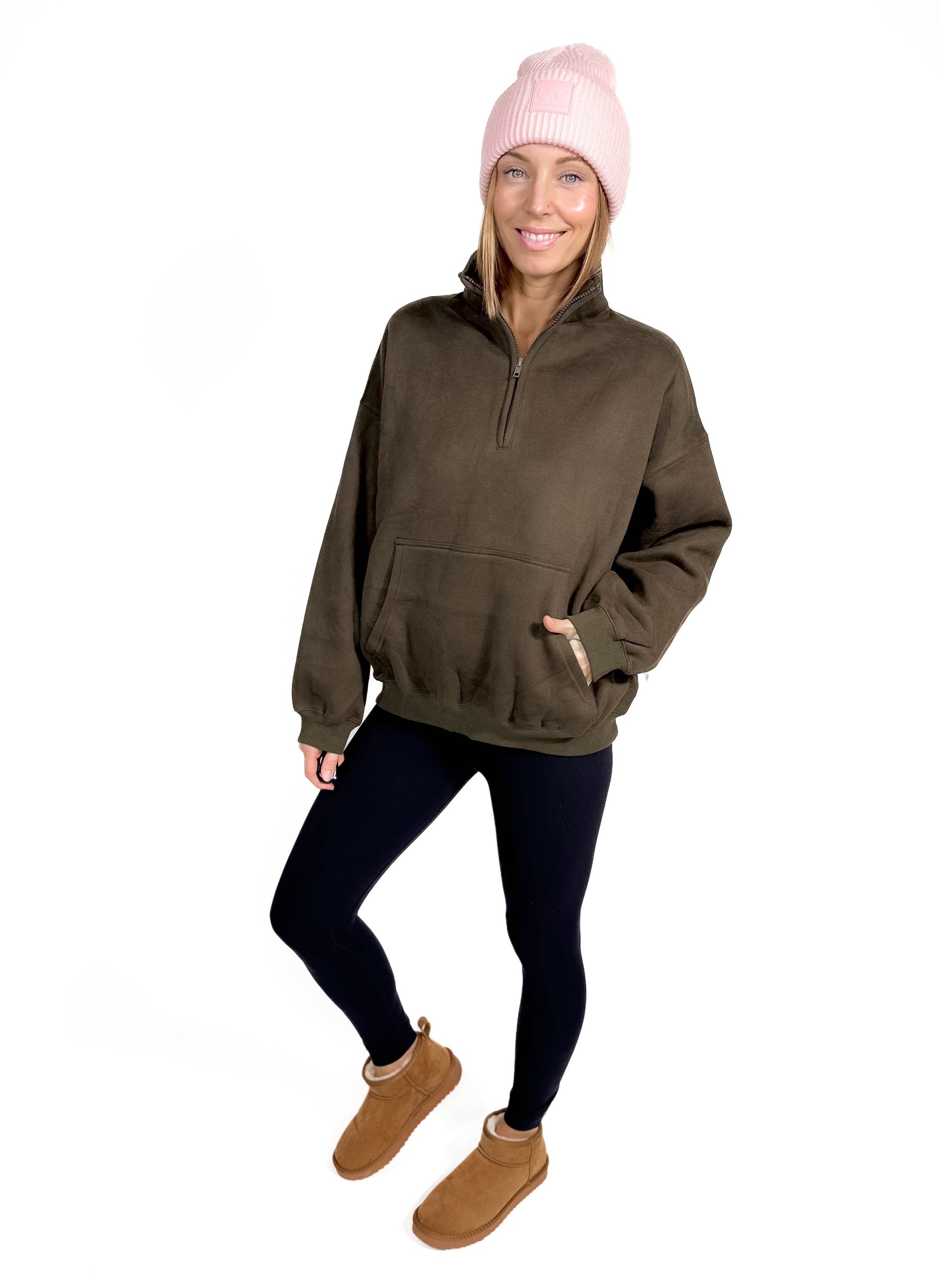 Millie Fleece Oversized Pullover Half Zip- OLIVE