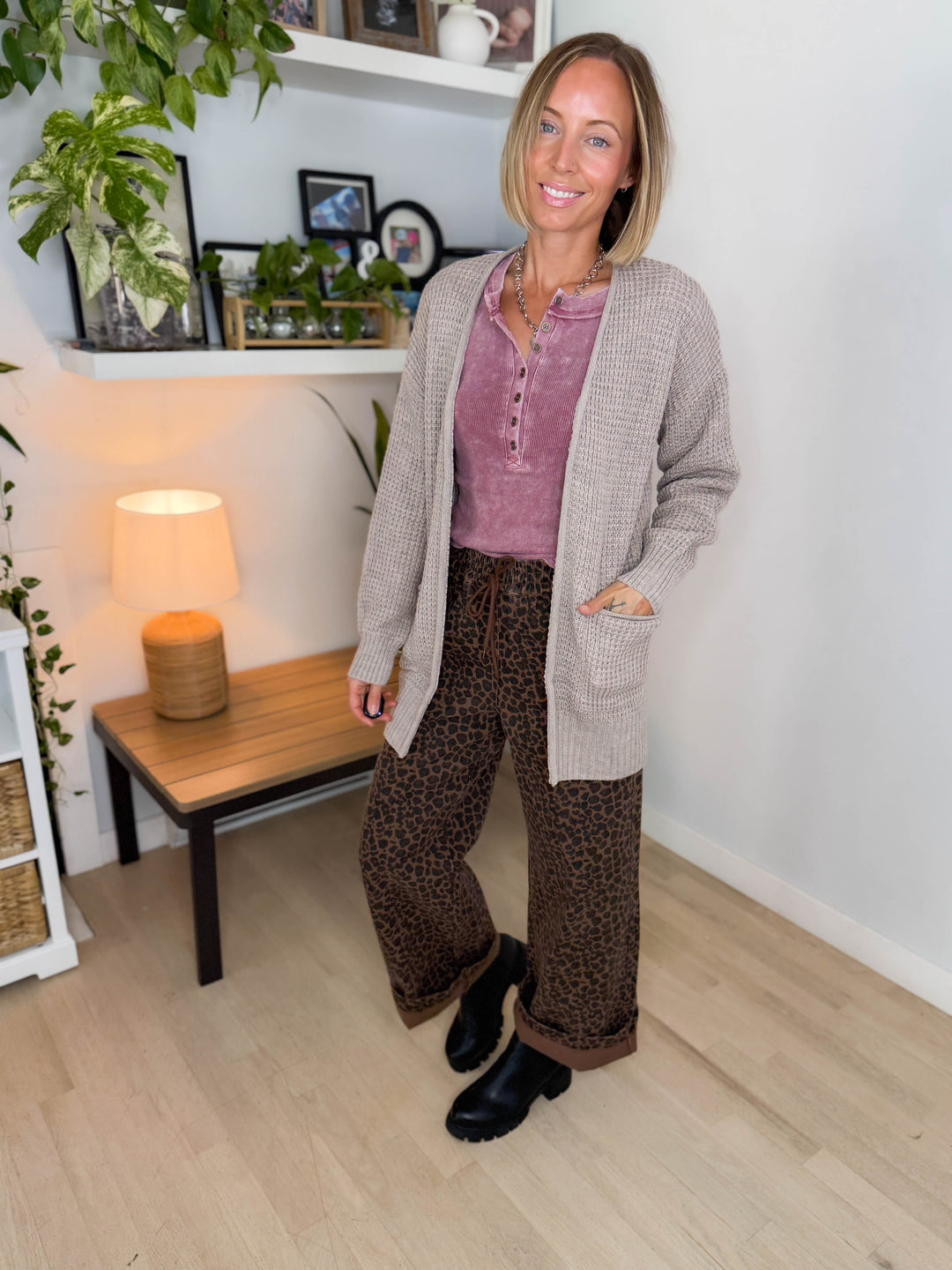 Marley Waffle Cardigan- HEATHER MOCHA