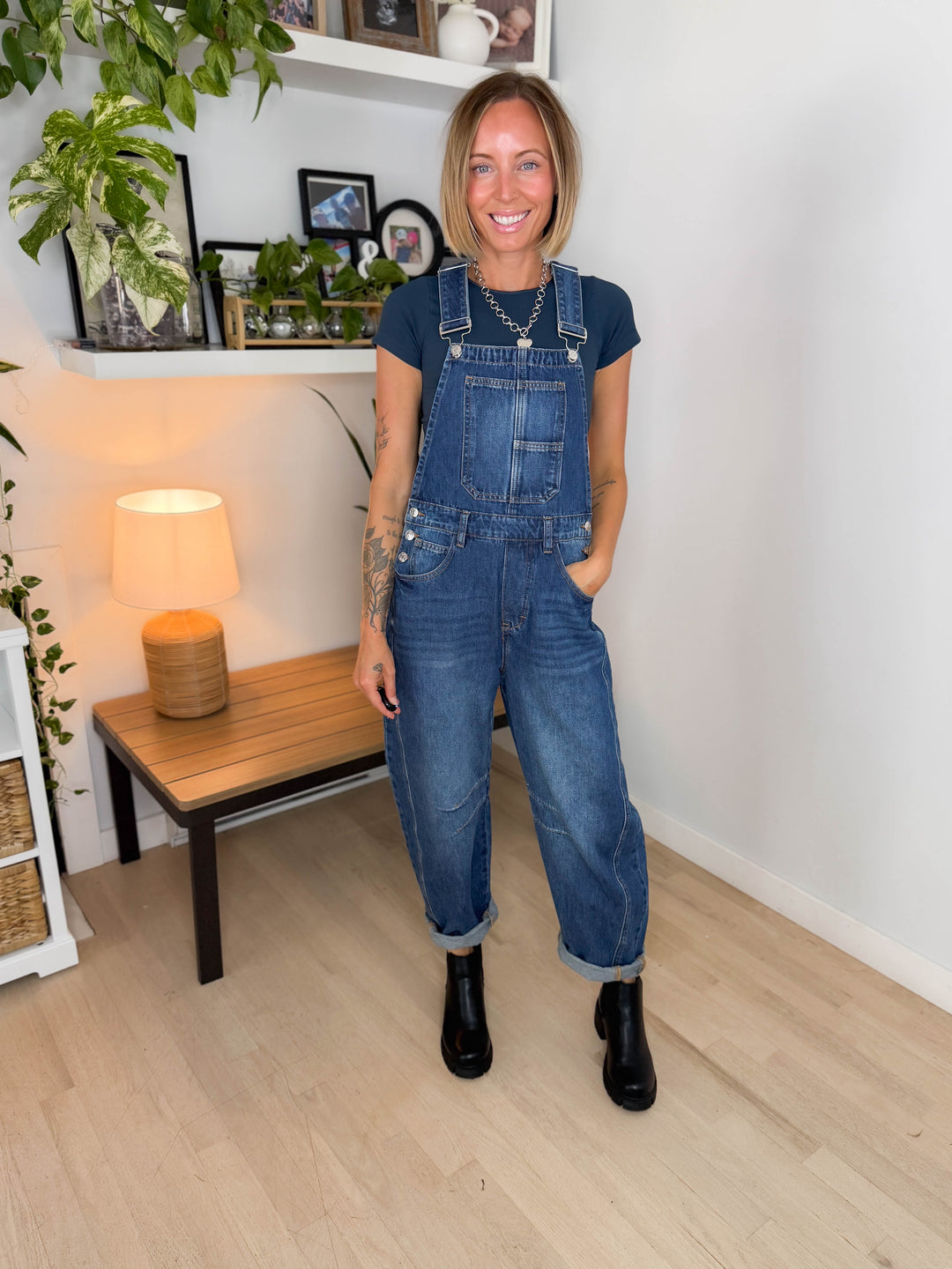 Tiffany Denim Barrel Overalls- DARK WASH
