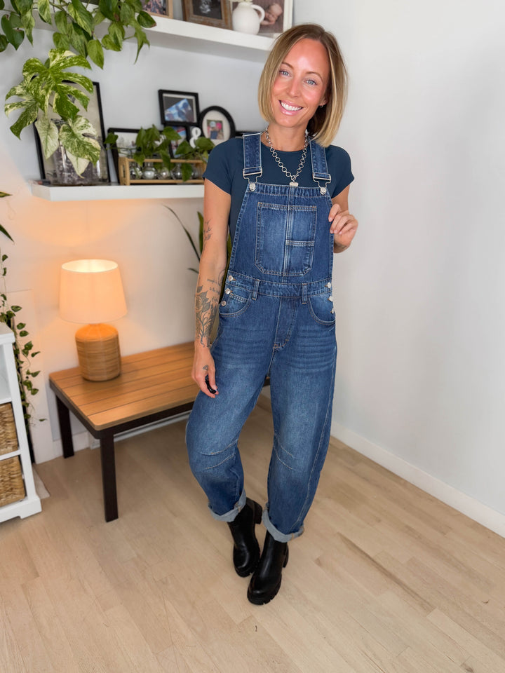 Tiffany Denim Barrel Overalls- DARK WASH
