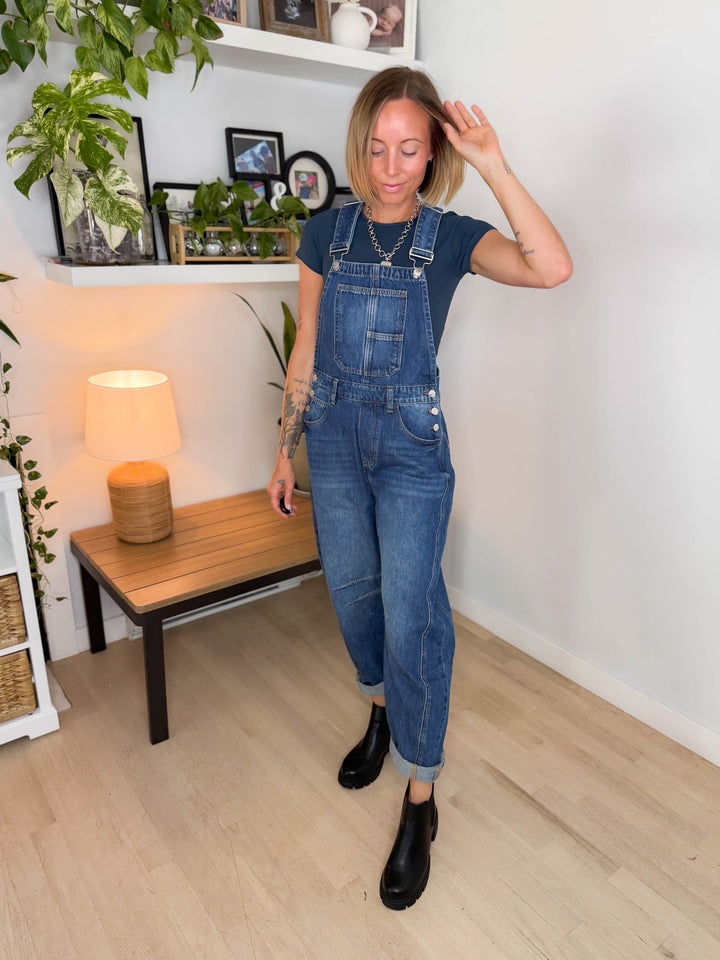 Tiffany Denim Barrel Overalls- DARK WASH