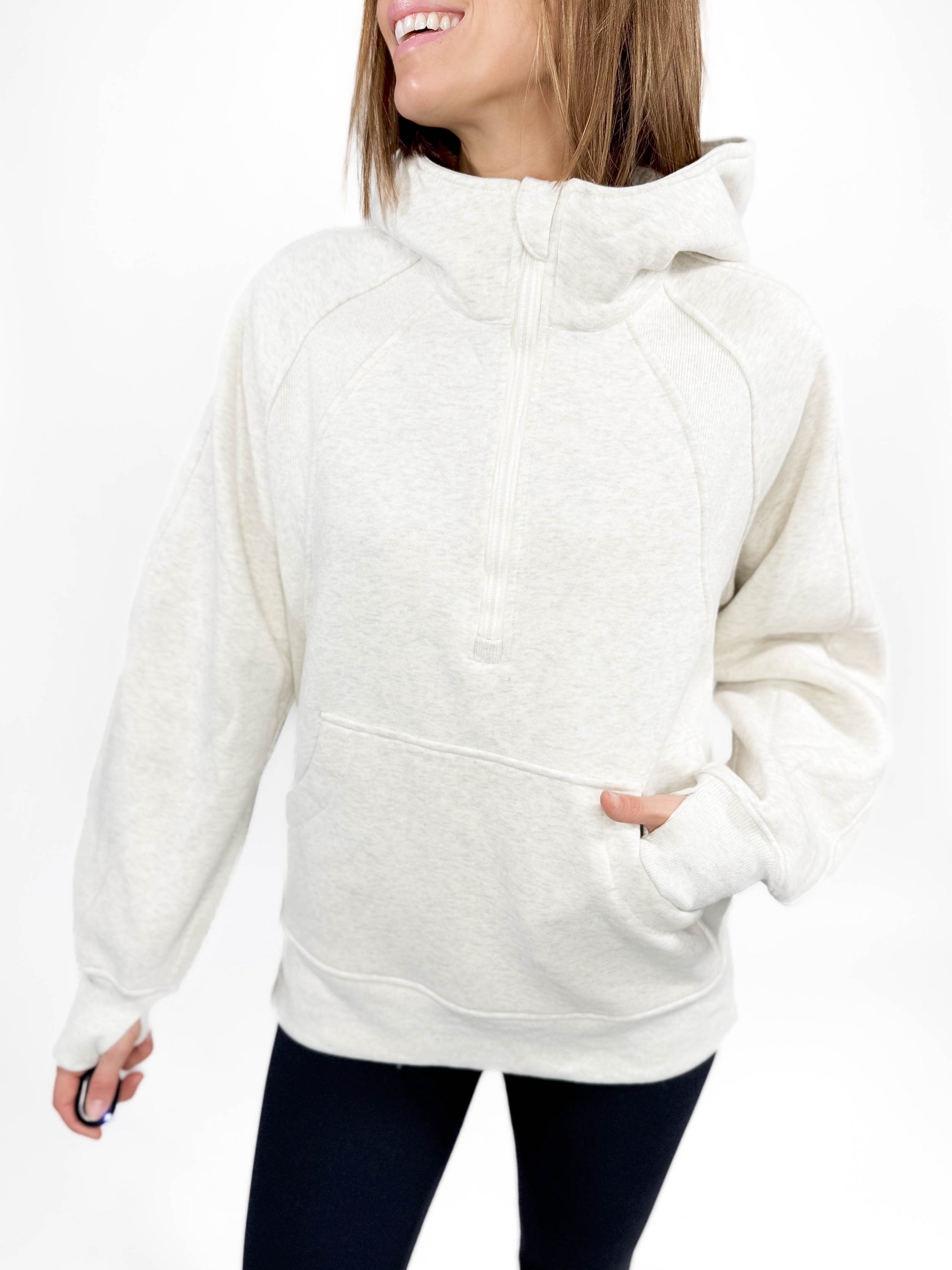 Morgan Funnel Neck Half Zip Hoodie- HTHR OATMEAL