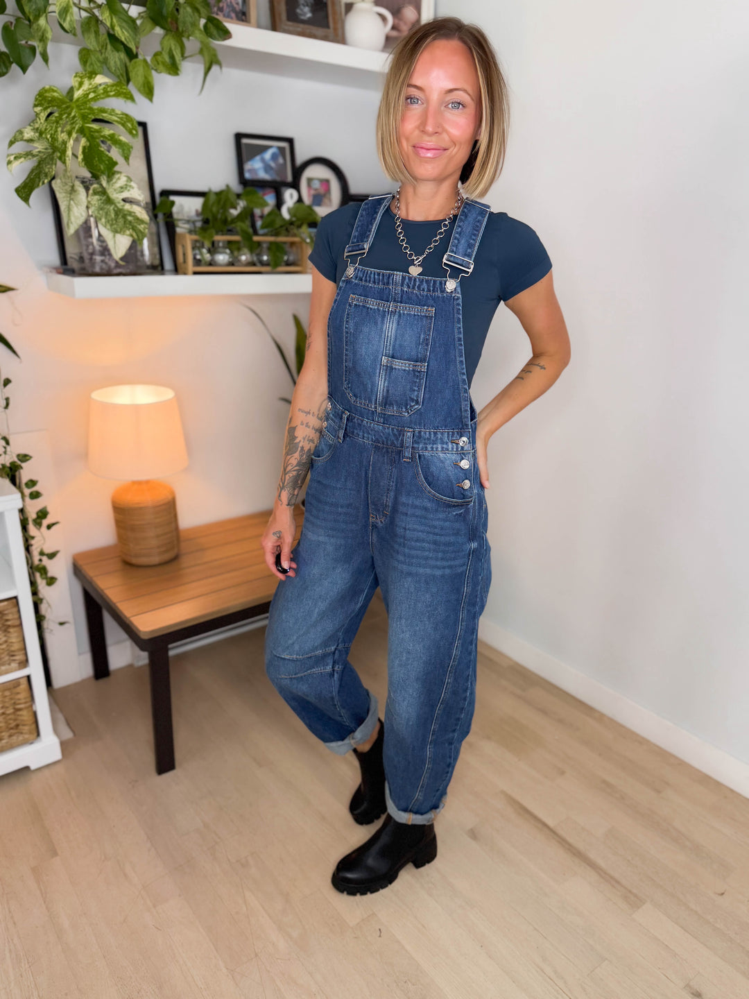 Tiffany Denim Barrel Overalls- DARK WASH