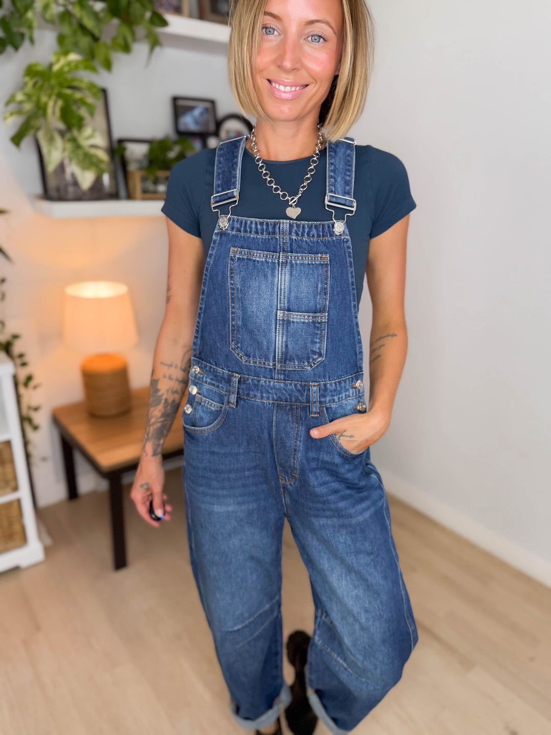 Tiffany Denim Barrel Overalls- DARK WASH