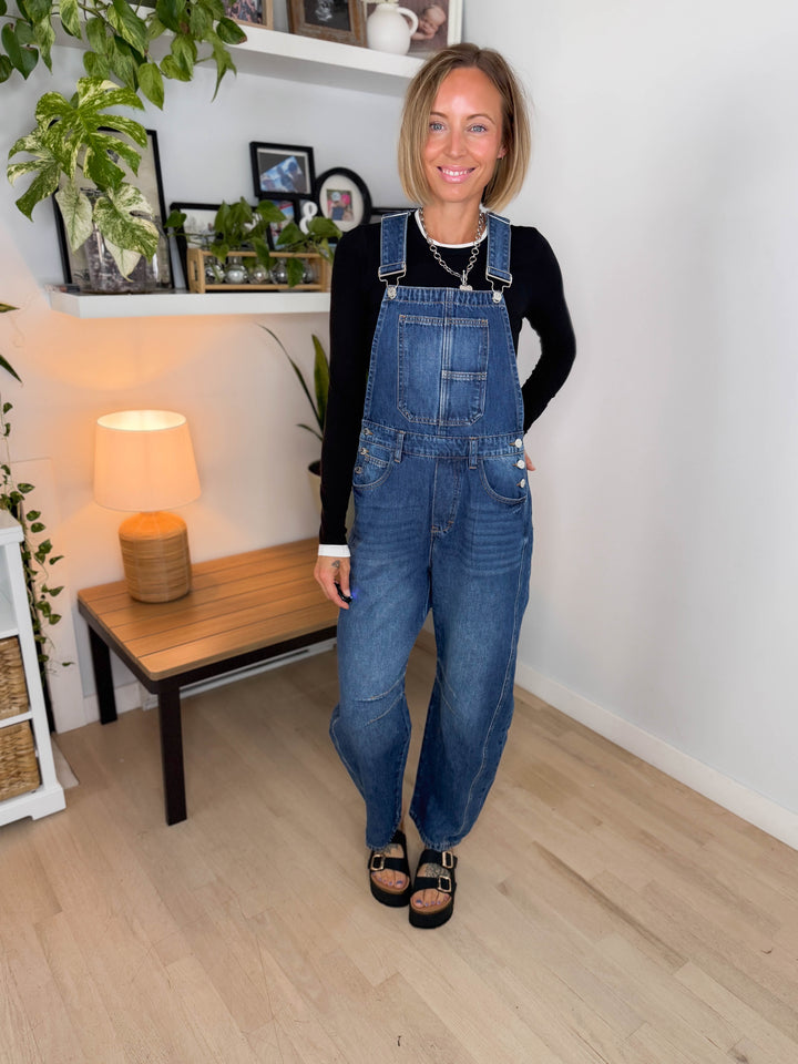 Tiffany Denim Barrel Overalls- DARK WASH