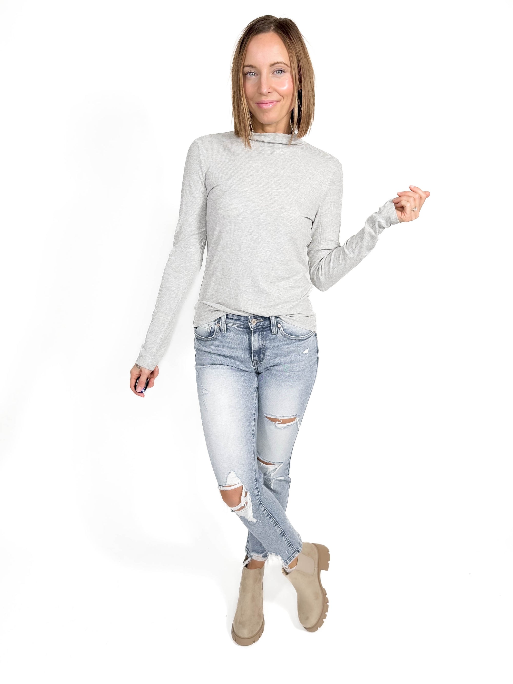 Gotta Have Ribbed Mock Neck Long Sleeve- HTHR GREY -FINAL SALE