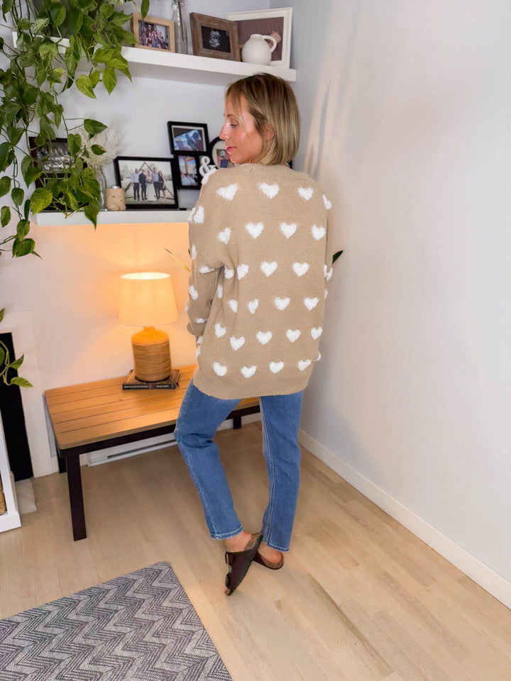 Bellena Heart Pattern Sweater Cardigan- TAUPE