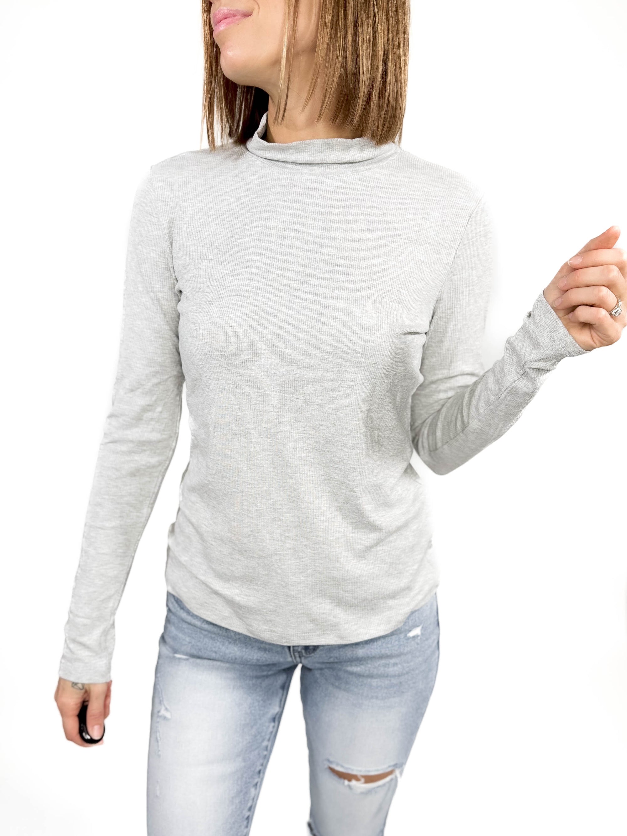 Gotta Have Ribbed Mock Neck Long Sleeve- HTHR GREY -FINAL SALE