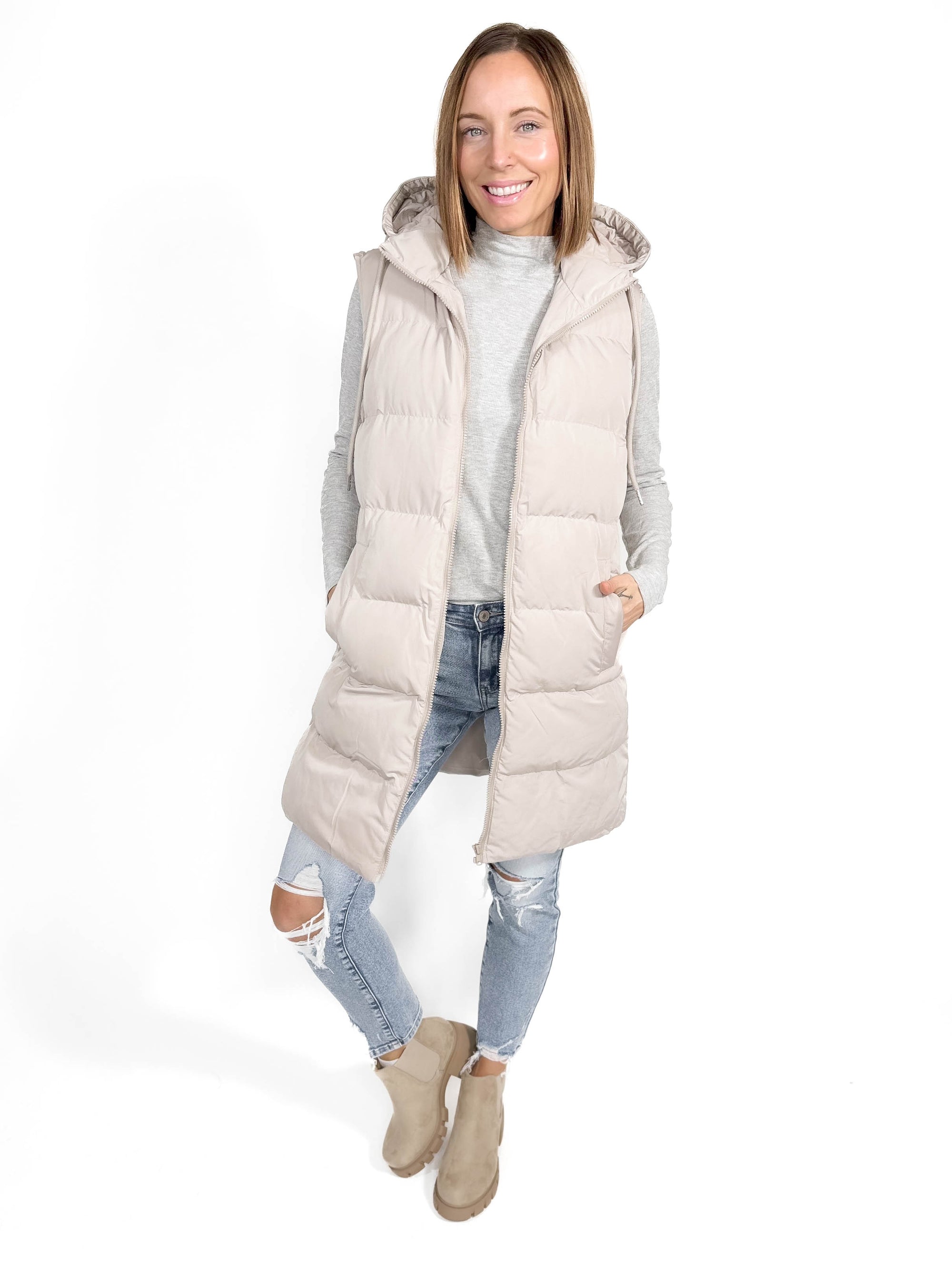 Mountain Peaks Hooded Puffer Vest- COOL GREIGE