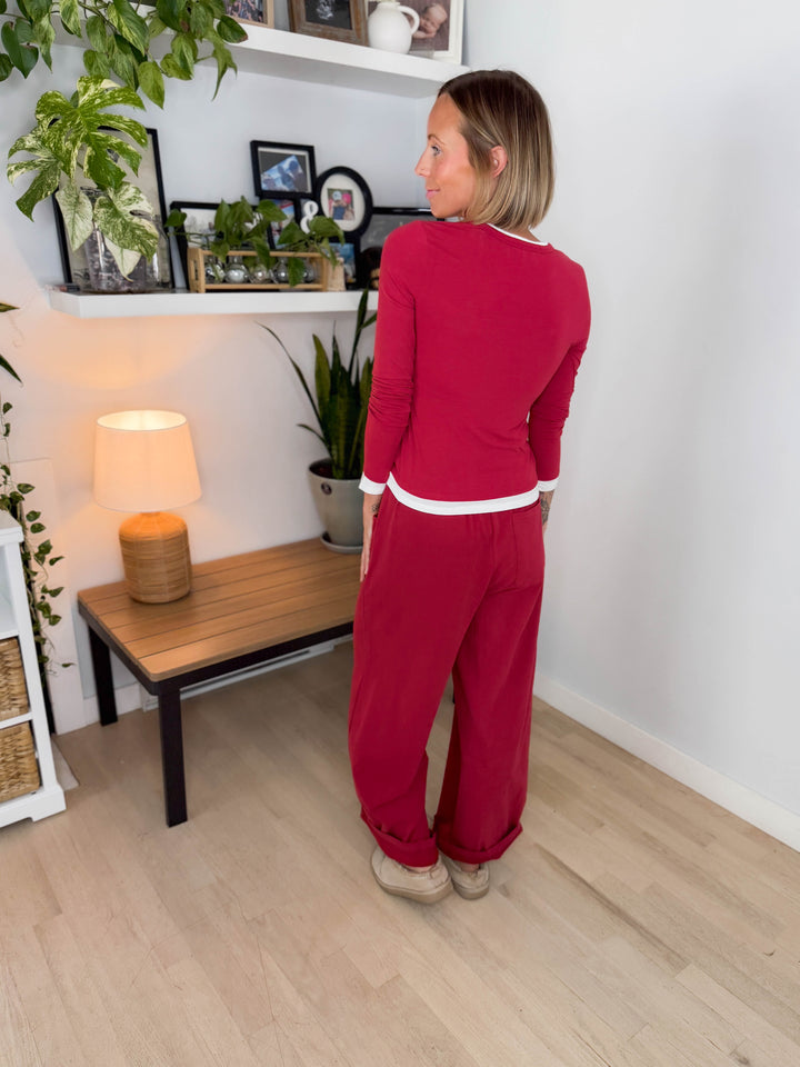 Foster Washed Barrel Pant Set- DARK RED