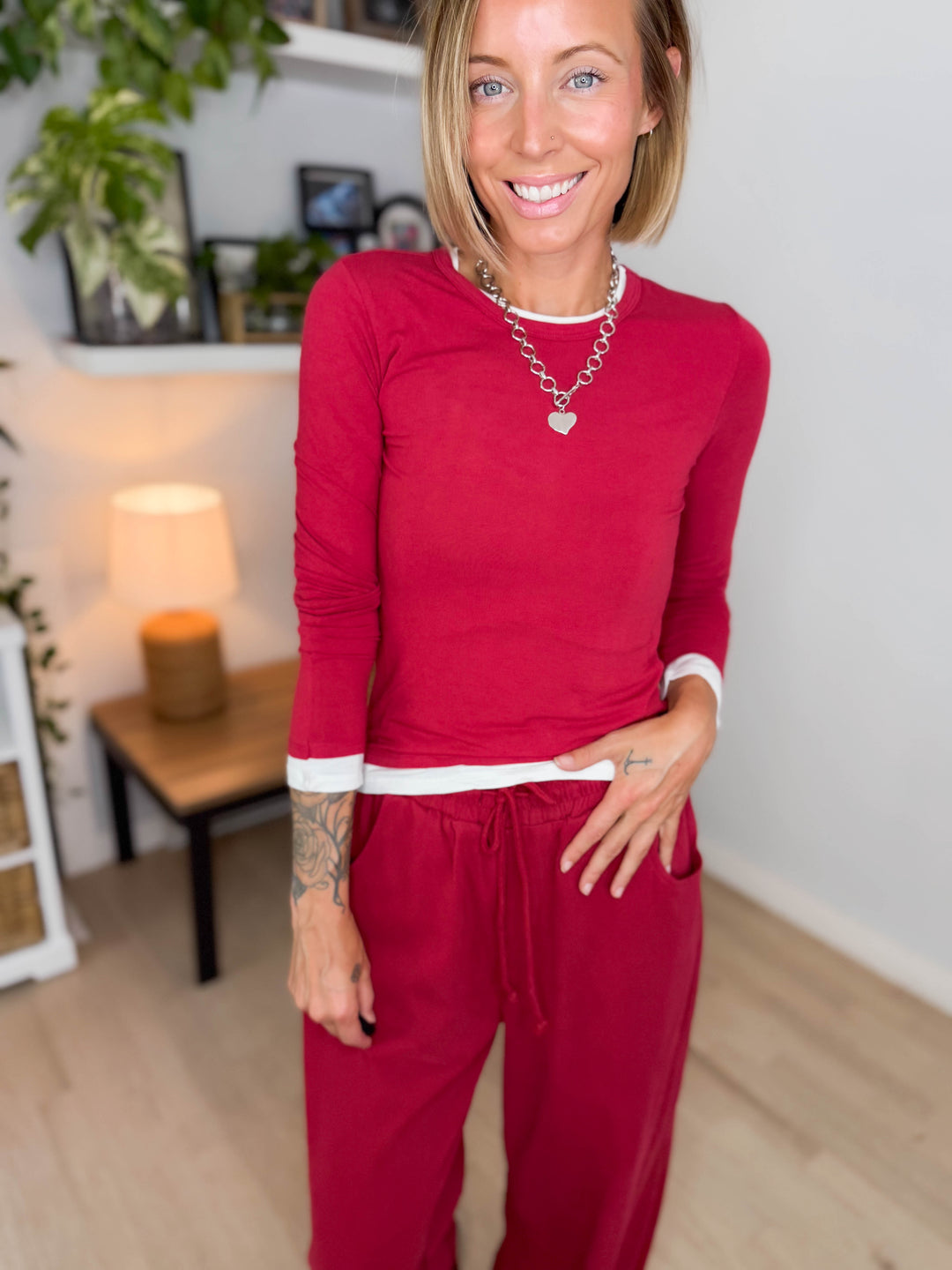 Foster Washed Barrel Pant Set- DARK RED