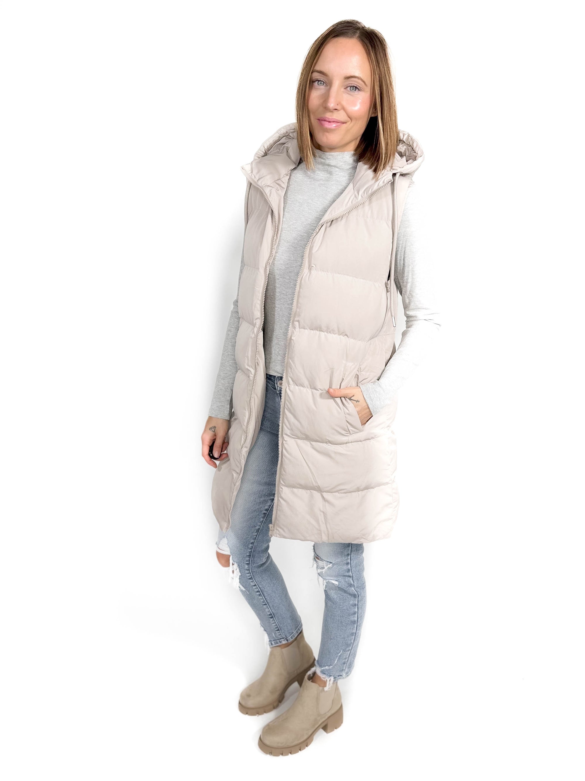 Mountain Peaks Hooded Puffer Vest- COOL GREIGE