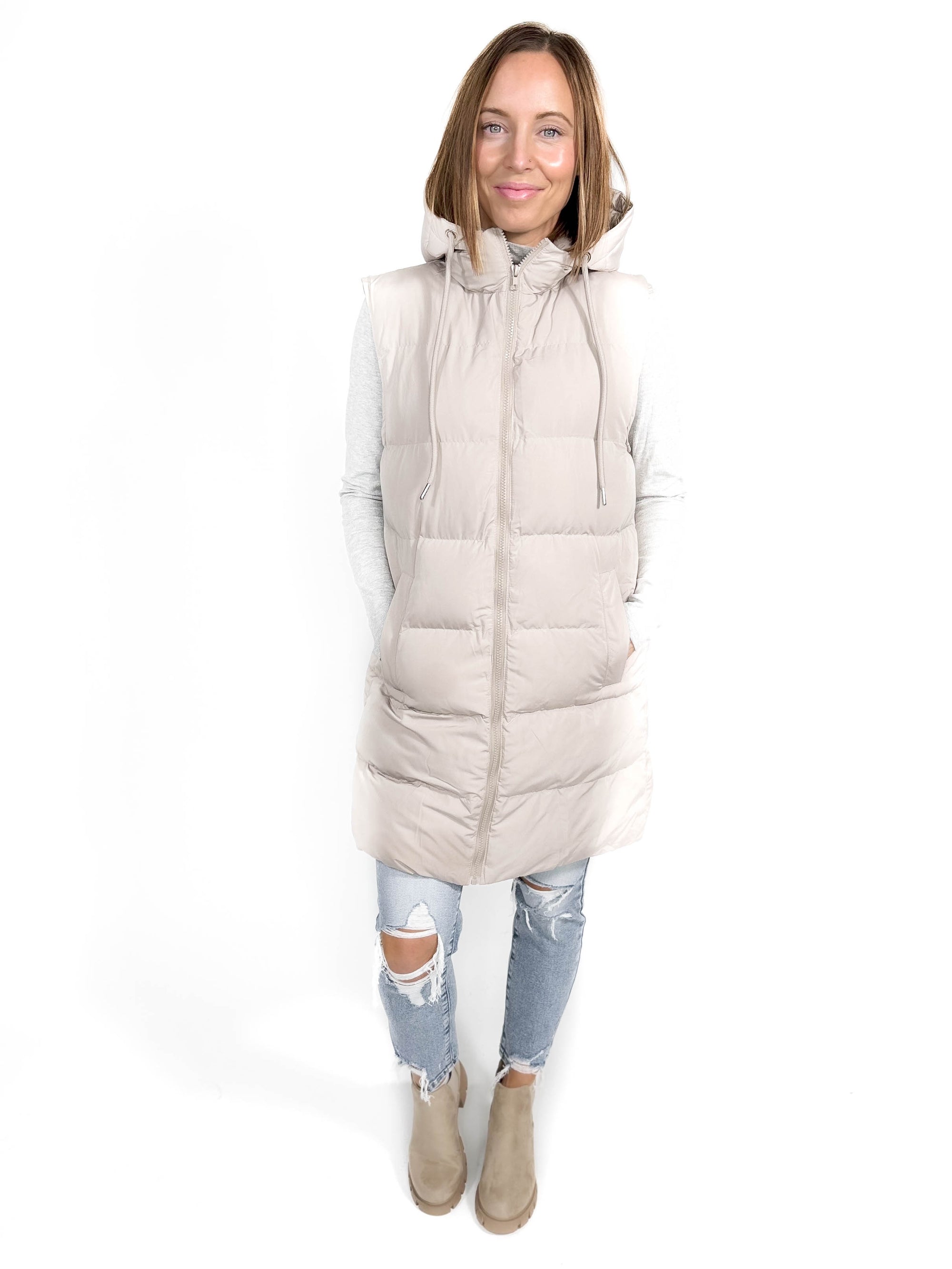 Mountain Peaks Hooded Puffer Vest- COOL GREIGE