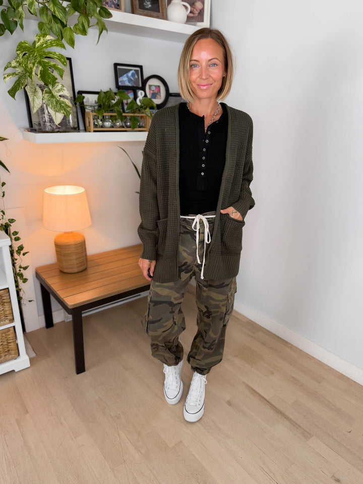 Marley Waffle Cardigan- DARK OLIVE